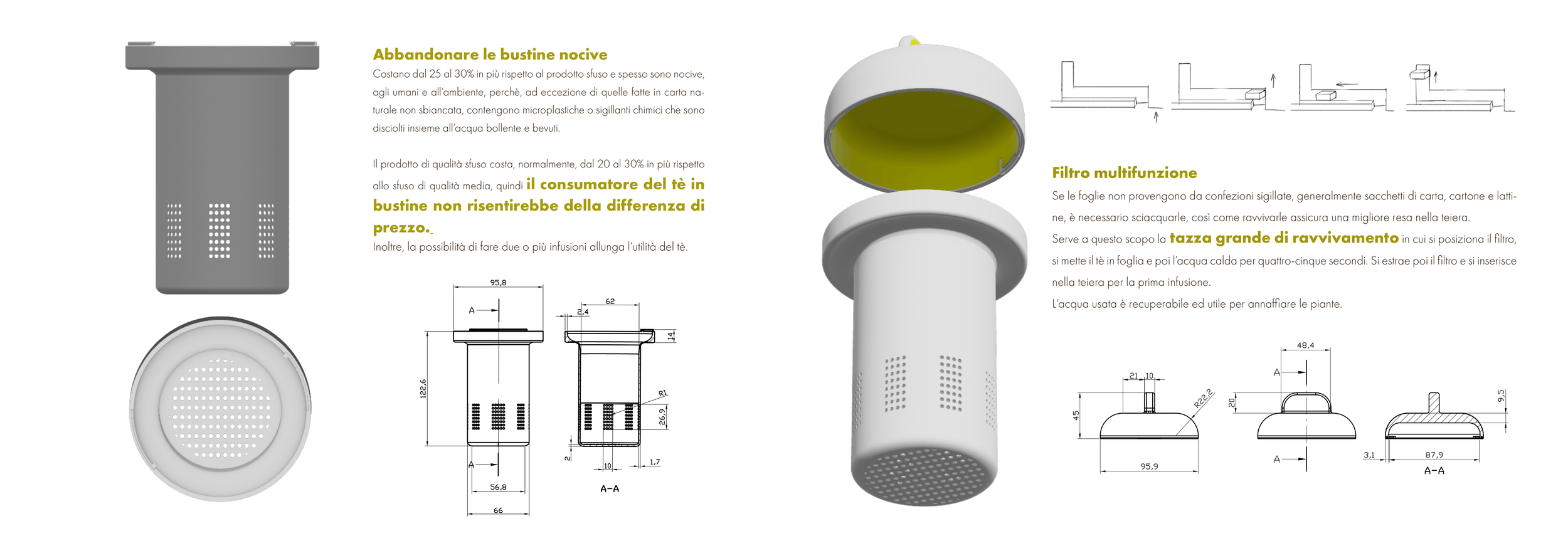 Grafico e disegni tecnici di un filtro multifunzione e di un contenitore per la preparazione del tè, con dettagli sulle dimensioni e istruzioni d'uso, inclusi un'immagine del filtro e spiegazioni in italiano.