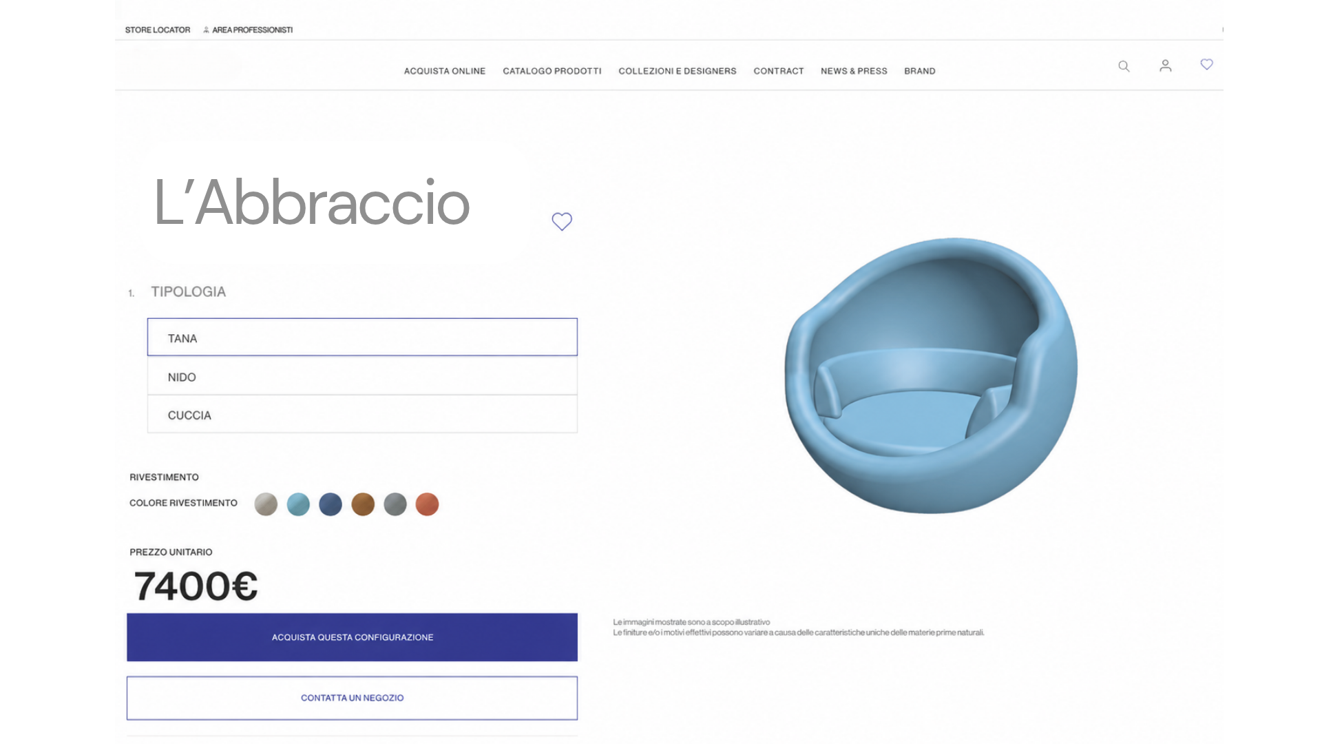 Pagina web di un negozio di mobili con una sezione dedicata a una sedia a forma di abbraccio, in colore blu, con opzioni di tipologia e colore del rivestimento, prezzo di 7400 euro, e pulsanti per acquistare o contattare il negozio.