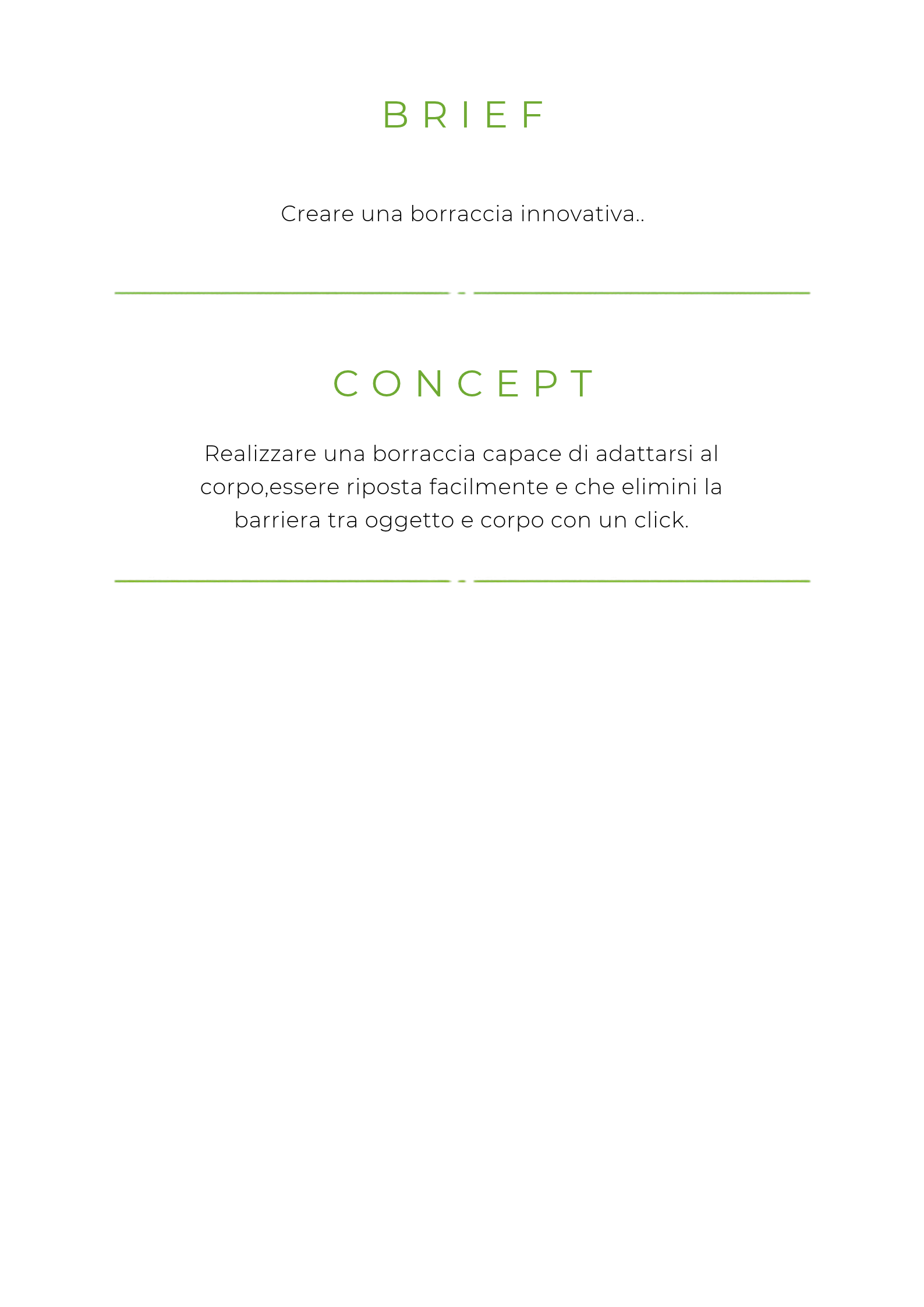 Pagina di presentazione con titolo 'BRIEF' e 'CONCEPT' in verde, e testo in italiano che spiega come creare una borraccia innovativa e adatta al corpo.