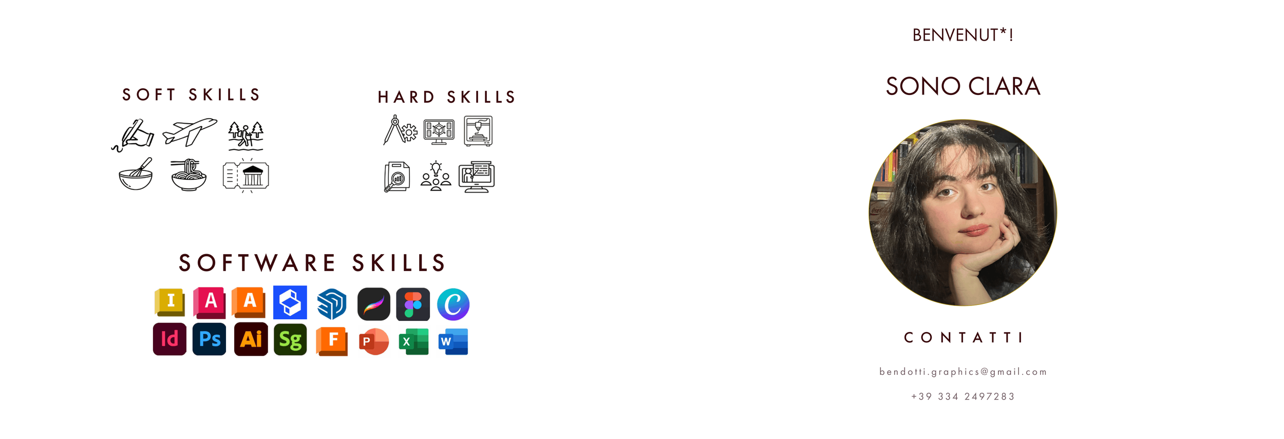 Pagina di presentazione di un portfolio con una foto di una donna e le sue competenze in soft skills, hard skills e software skills, con contatti e indirizzo email.