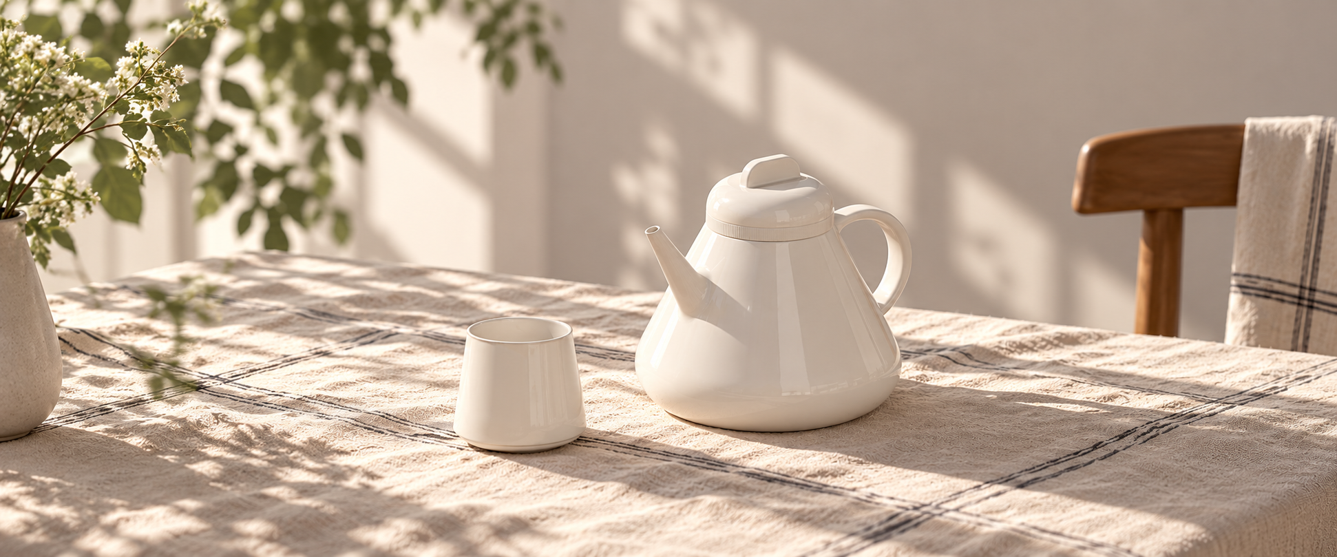 Tavolo con tovaglia beige, macchina per il tè bianca e tazza di ceramica, pianta con foglie e fiori bianchi, sedia di legno, con l'ombra di rami e foglie che si proiettano sulla scena, luce naturale morbida.