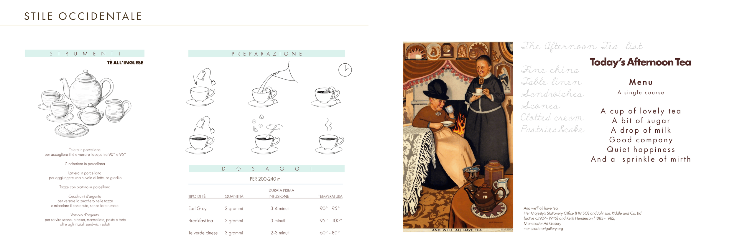 Pagina di un menu del tè pomeridiano con testo in italiano e inglese, illustrazione di utensili per il tè, e una pubblicità con persone in un ambiente vintage.