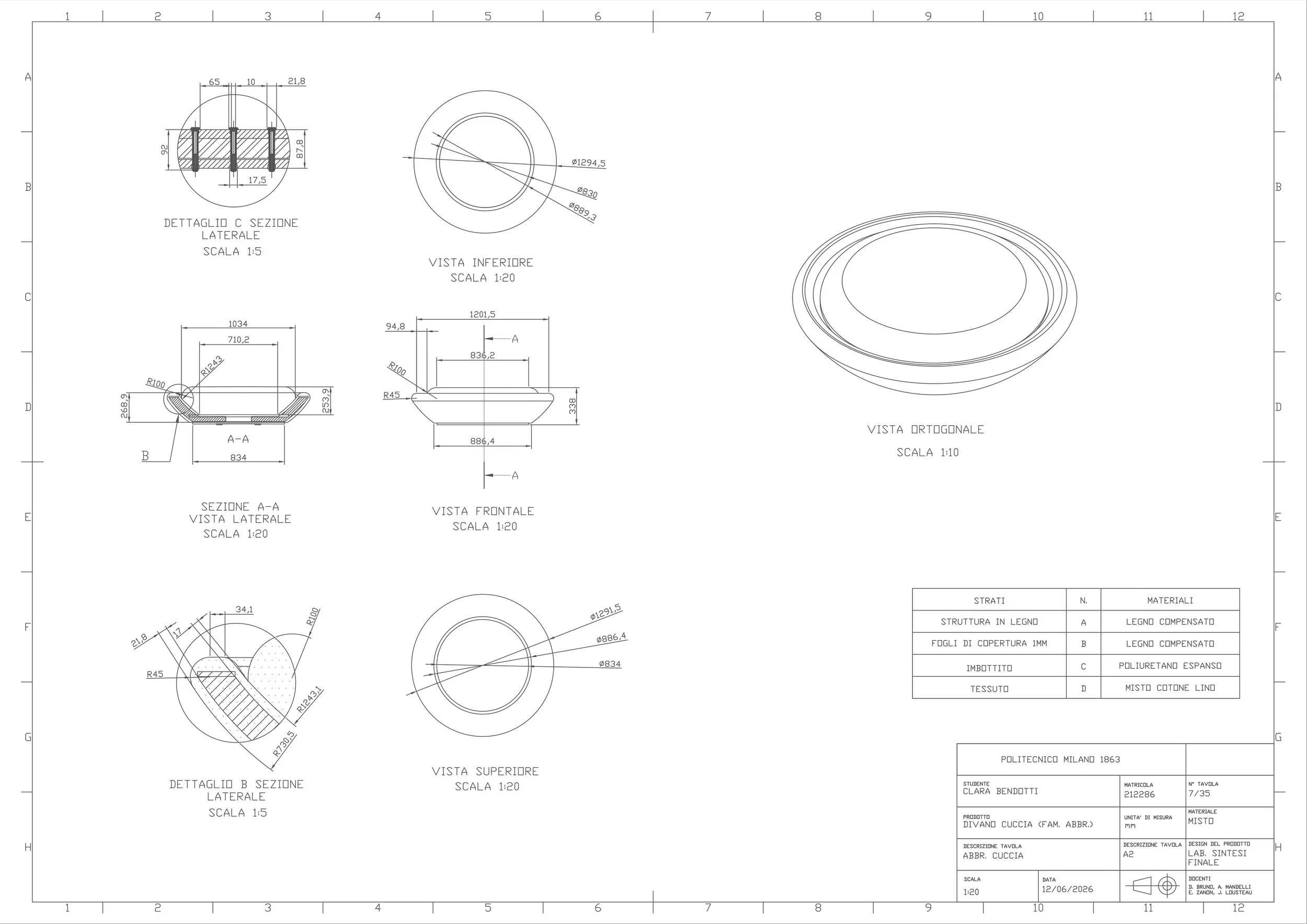 Disegno tecnico di un oggetto circolare con dettagli di sezioni e viste multiple, incluso un diagramma di sezione e viste ortogonali. La tavola include note sui materiali e dettagli di costruttori.