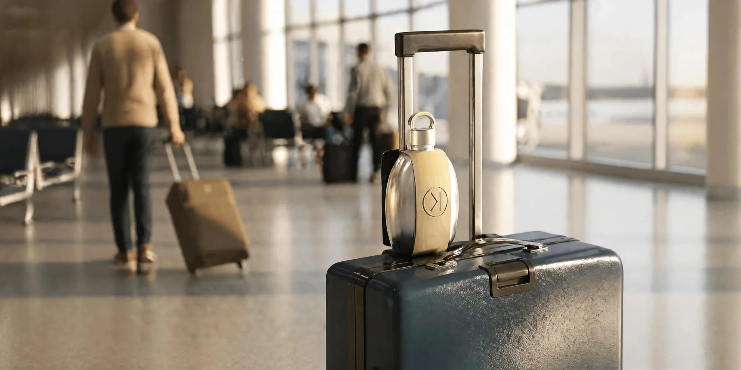 Valigia con bottiglia d'acqua in aeroporto, persone che camminano sullo sfondo.