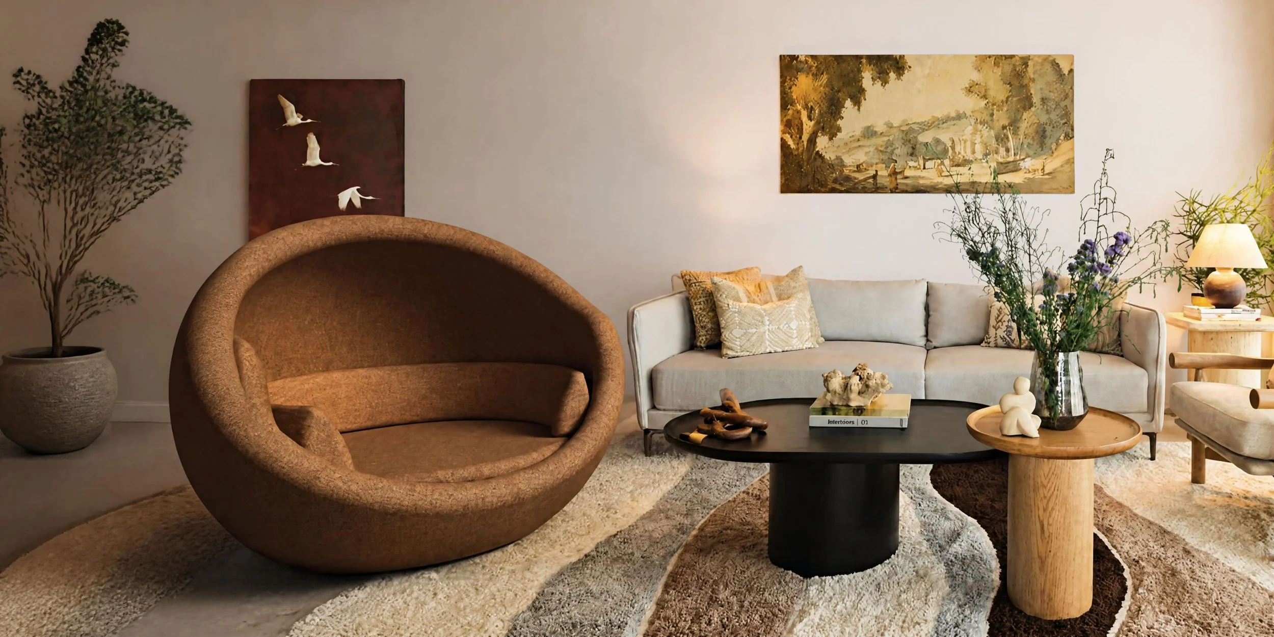 Soggiorno con divano bianco, poltrona marrone, tavolino nero, tavolo in legno con vaso di fiori, lampada da tavolo, dipinto paesaggistico e decorazioni floreali, ambiente accogliente e elegante.