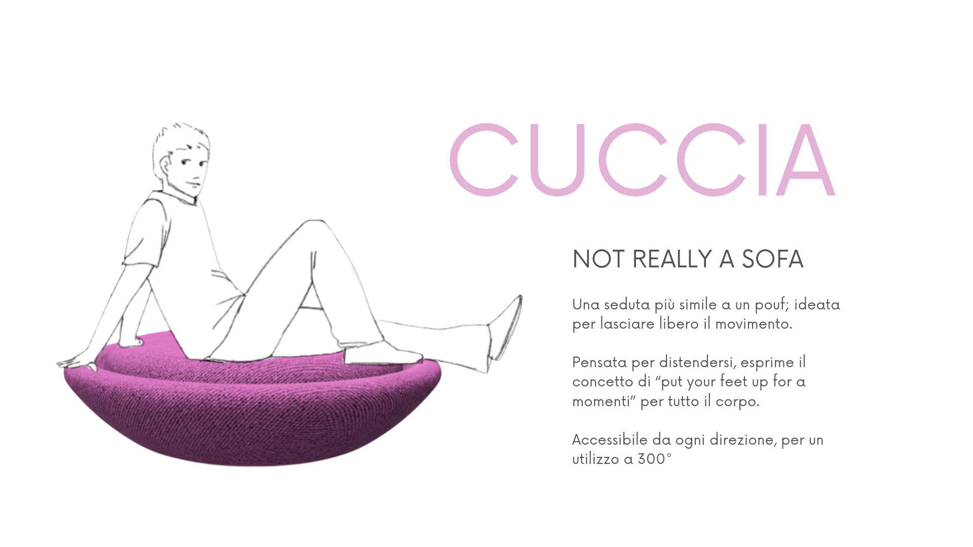 Illustrazione di una persona che si siede su una seduta di forma rotonda di colore viola, con testo che descrive una seduta simile a un pouf, chiamata 'Cuccia', non propriamente una sofa, progettata per lasciar libero il movimento ed è accessibile da ogni direzione.