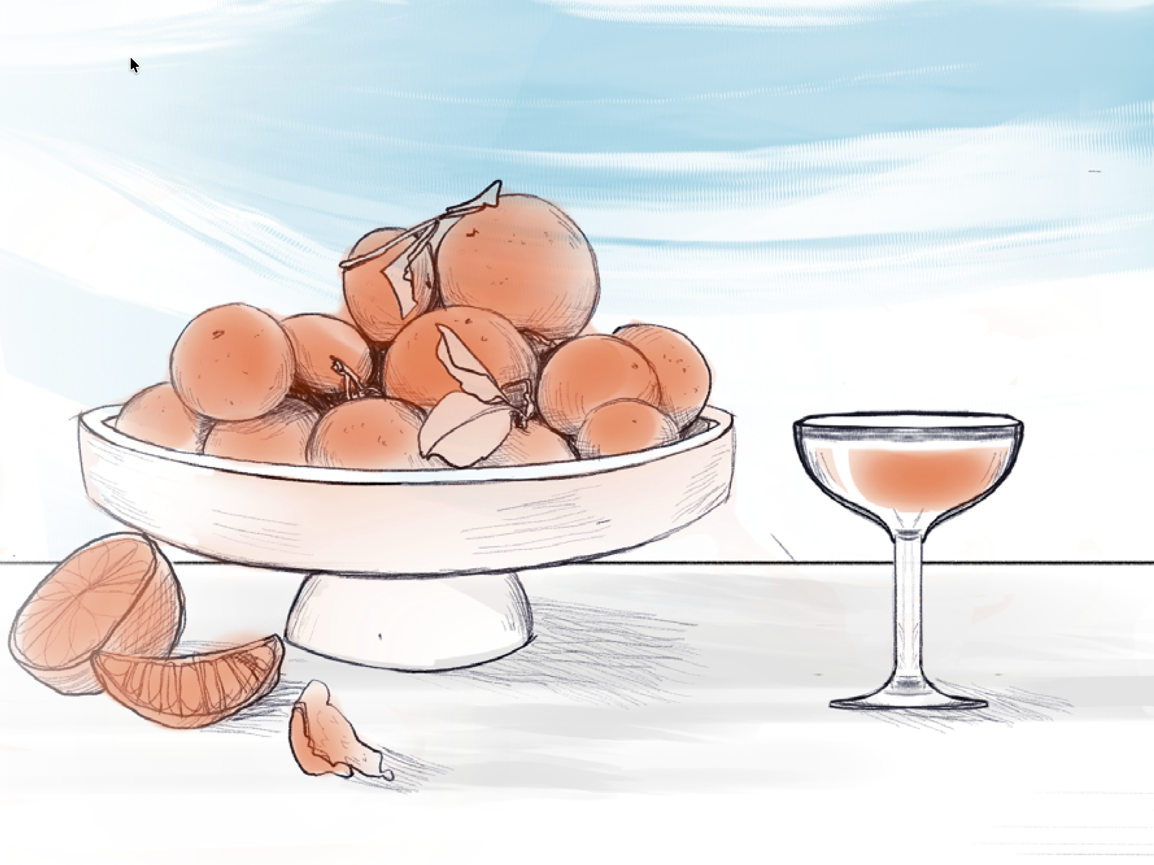 Ciotola di pesche con alcune scatole di pesche e un bicchiere di anana. La scena è illustrata con uno stile di disegno colorato e dettagliato.