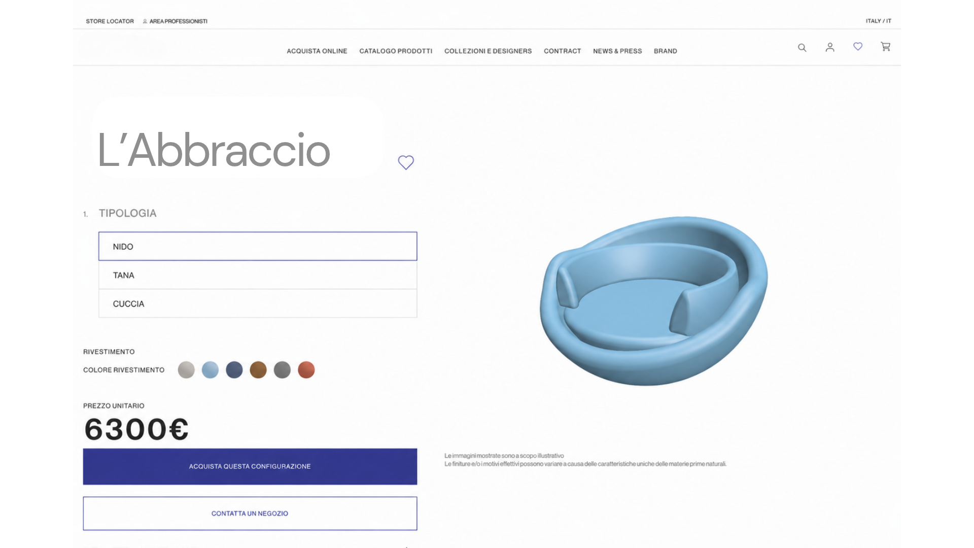 Pagina web di un negozio che vende cucce per animali, con immagini di diverse cucce, opzioni di colore e prezzo.