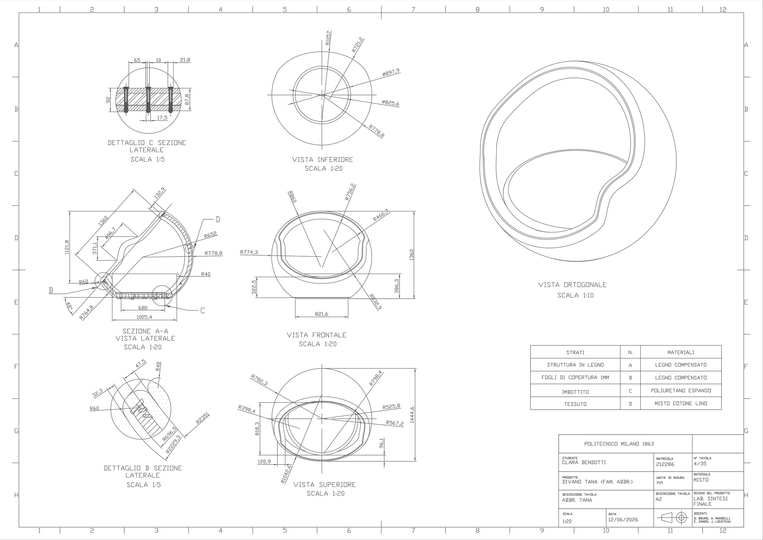 Disegno tecnico di un elemento strutturale in legno, con varie viste e dettagli, inclusi sezioni e misure, derivante da un progetto di design.