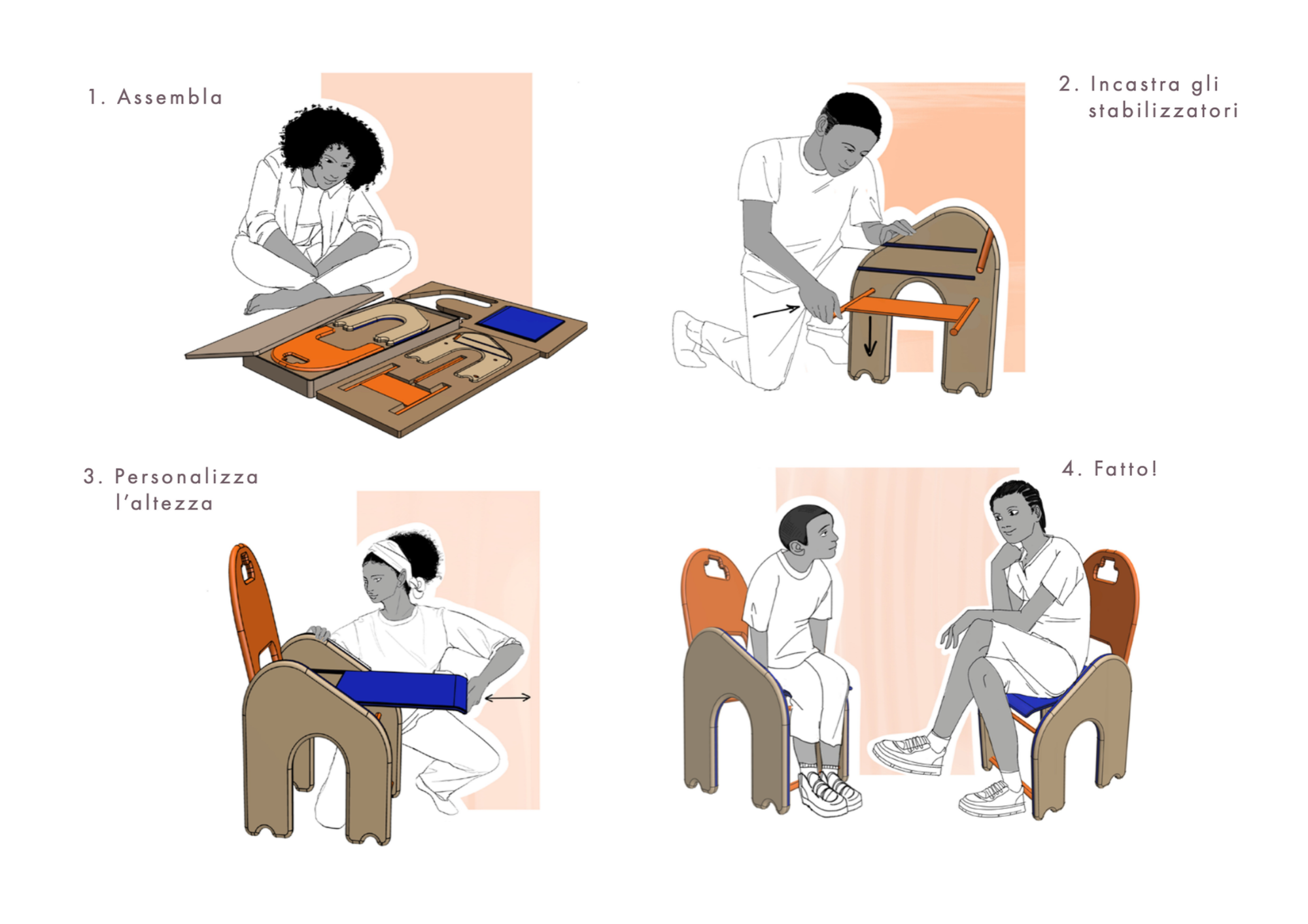 Istruzioni passo passo su come assemblare e personalizzare un supporto con stabilizzatori, misurare l'altezza e completare il montaggio, con illustrazioni di persone che interagiscono con il materiale.