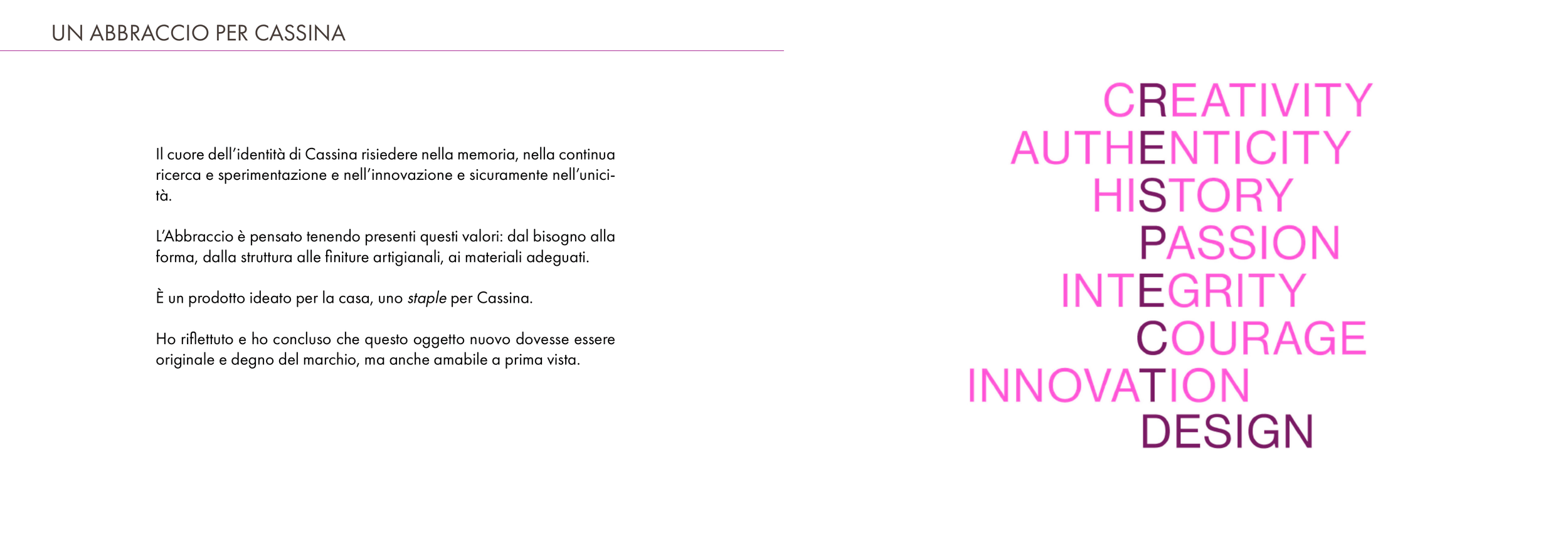 Testo in italiano e una serie di parole chiave in inglese in vari colori, come 'CREATIVITY', 'AUTHENTICITY', 'HISTORY', 'PASSION', 'INTEGRITY', 'COURAGE', 'INNOVATION', 'DESIGN'.