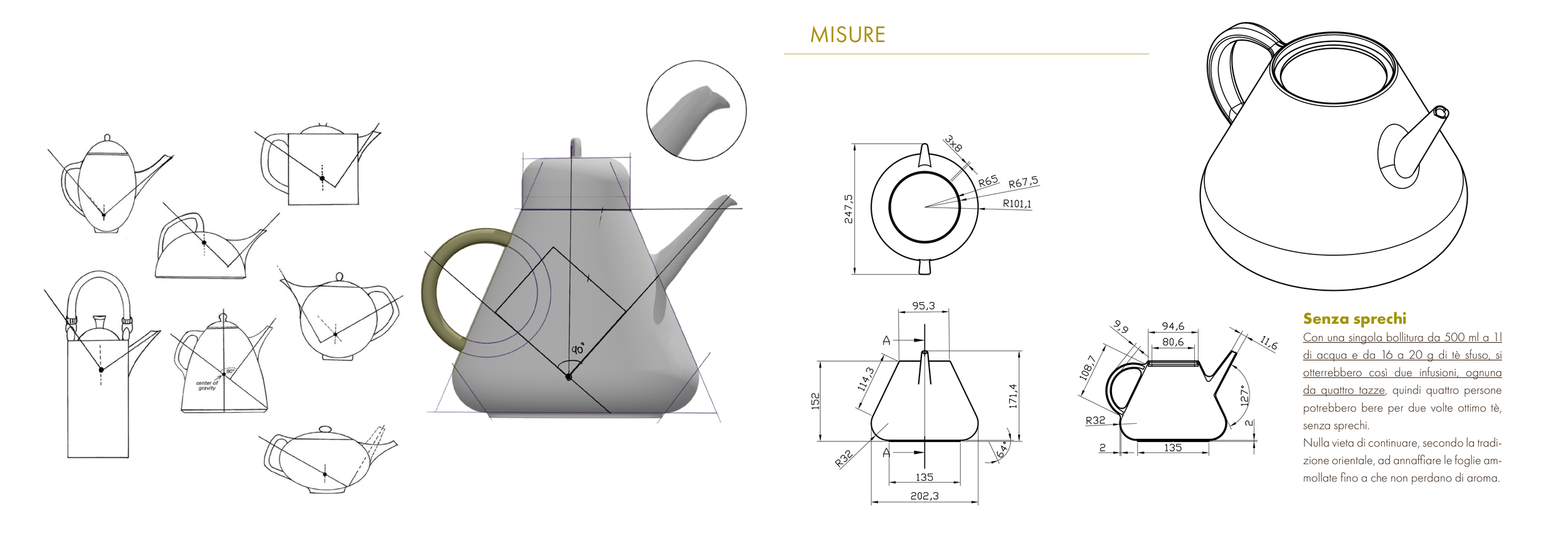 Disegno tecnico di una teiera con misurazioni e note, con alcuni schizzi d'idee a sinistra.