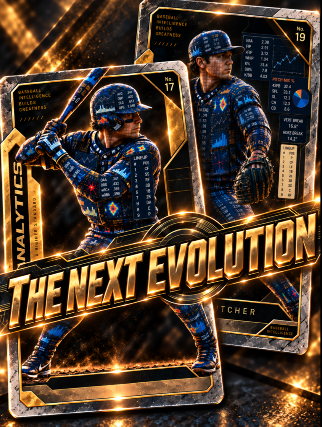 Futuristic baseball trading card designs featuring players in digital-inspired uniforms with data analytics, charts, and statistics overlay, with a large bold text "THE NEXT EVOLUTION".