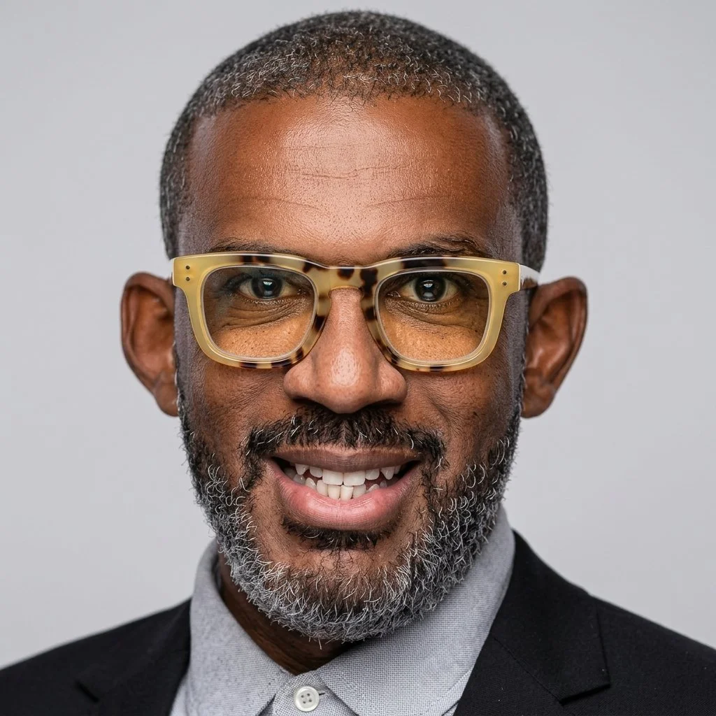 Close-up of a smiling middle-aged man with glasses, gray hair, and a beard, wearing a black blazer and a light gray shirt against a plain gray background.