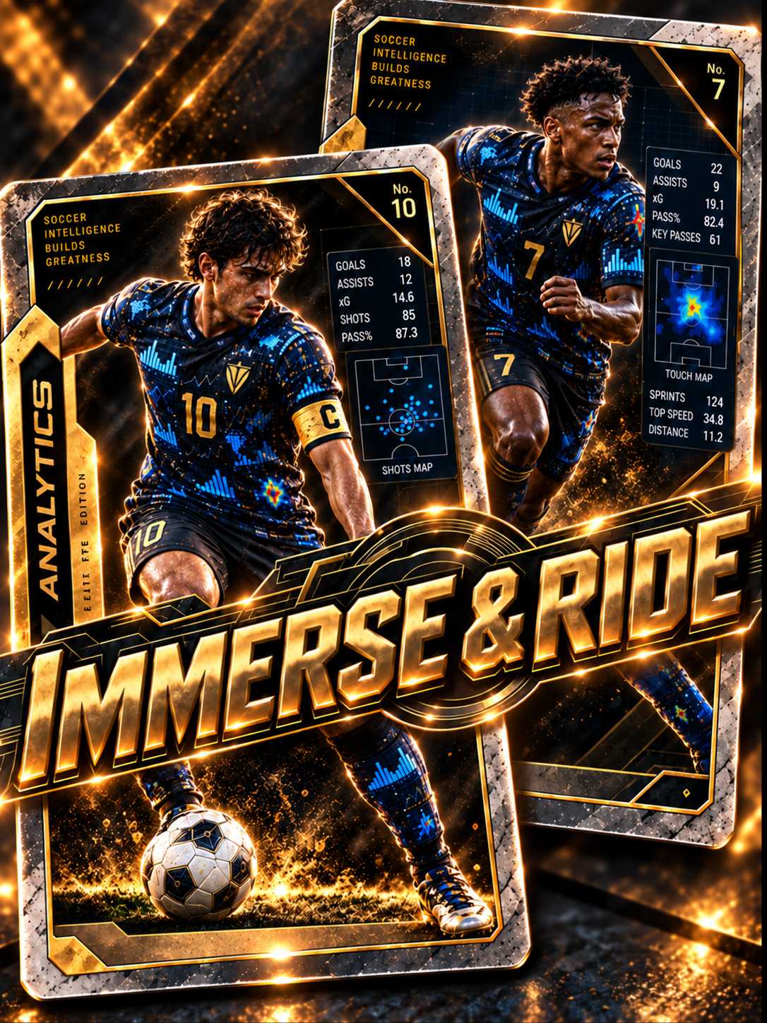Two soccer trading cards featuring players in black and blue kits with digital graphics, surrounded by bright glowing effects, with the words "IMMERSIVE & RIDE" across the cards.