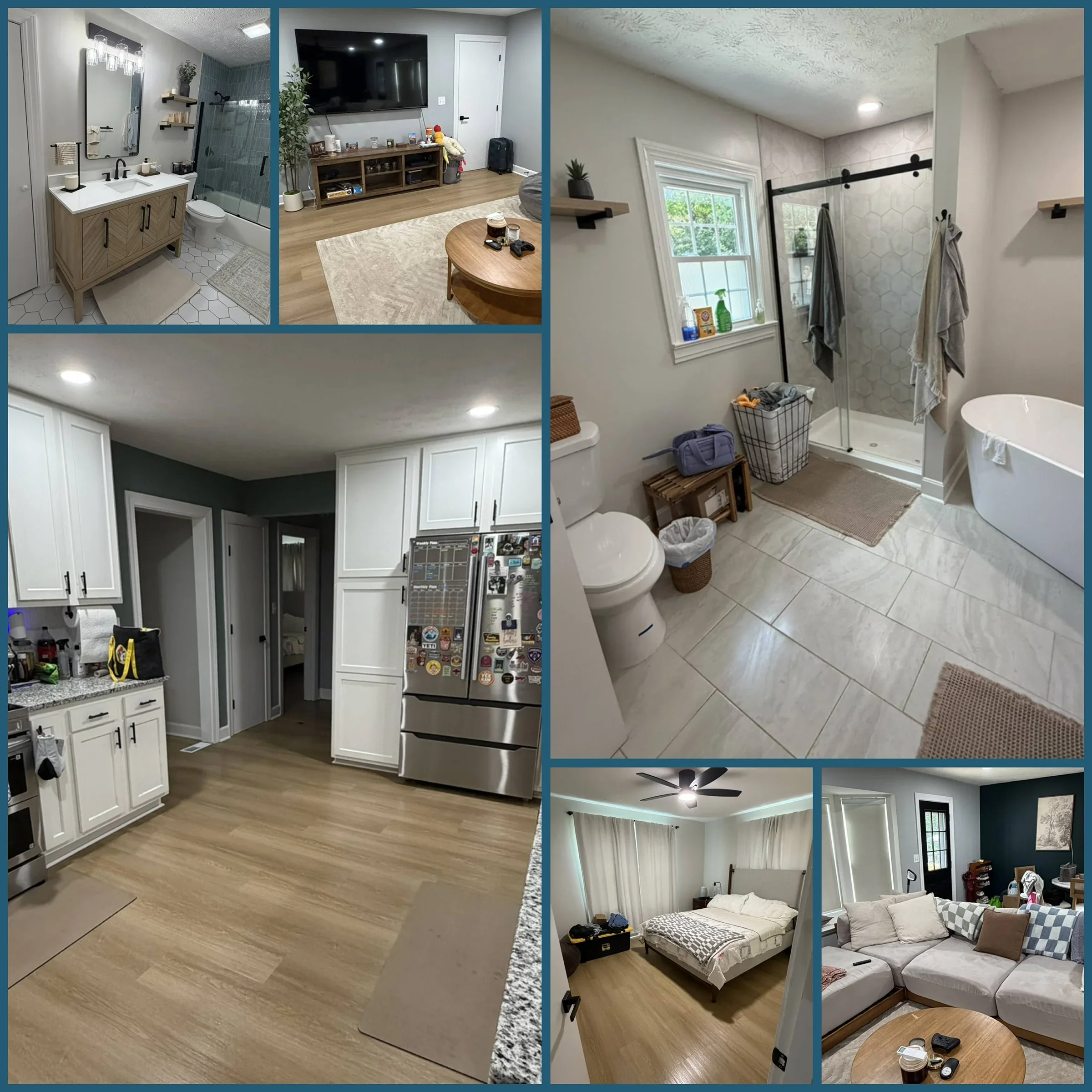 A collage of interior home spaces including two bathrooms, a living room, a bedroom, and a kitchen with modern decor and furnishings.