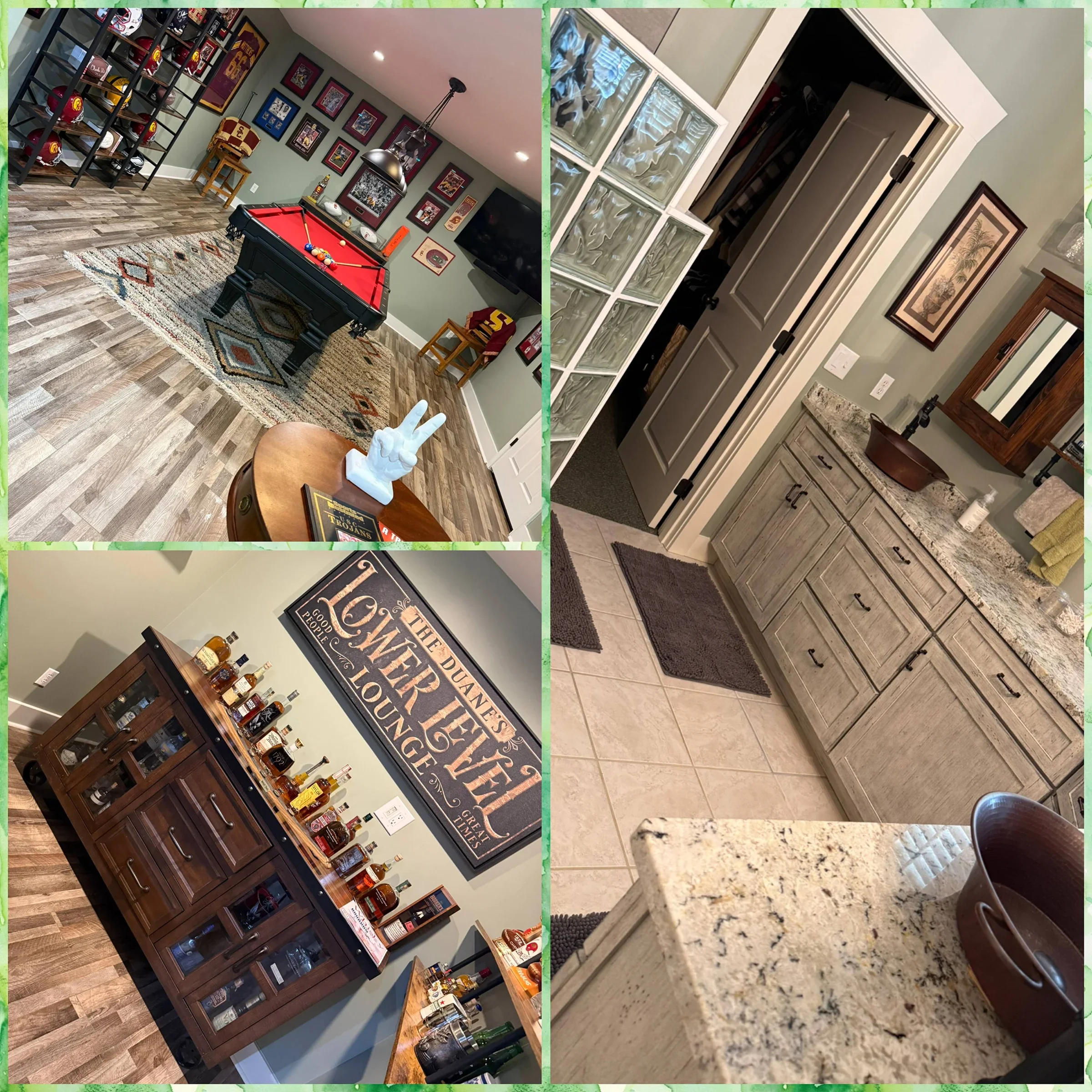 The left side features a basement game room with a pool table, framed sports memorabilia, a wall-mounted TV, and a shelved display of football helmets. The right side shows a kitchen with a granite countertop, a glass-block window, a fridge, and a fr
