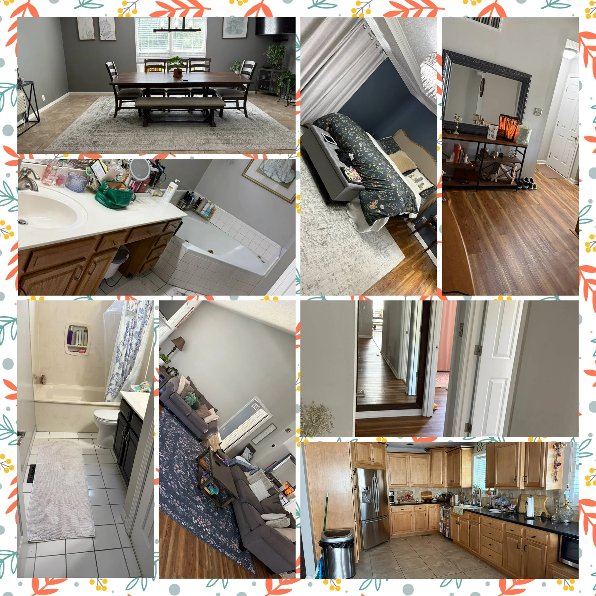 A collage of nine interior photos of various rooms in a house, including a dining room, bedroom, bathroom, living room, hallway, and kitchen.