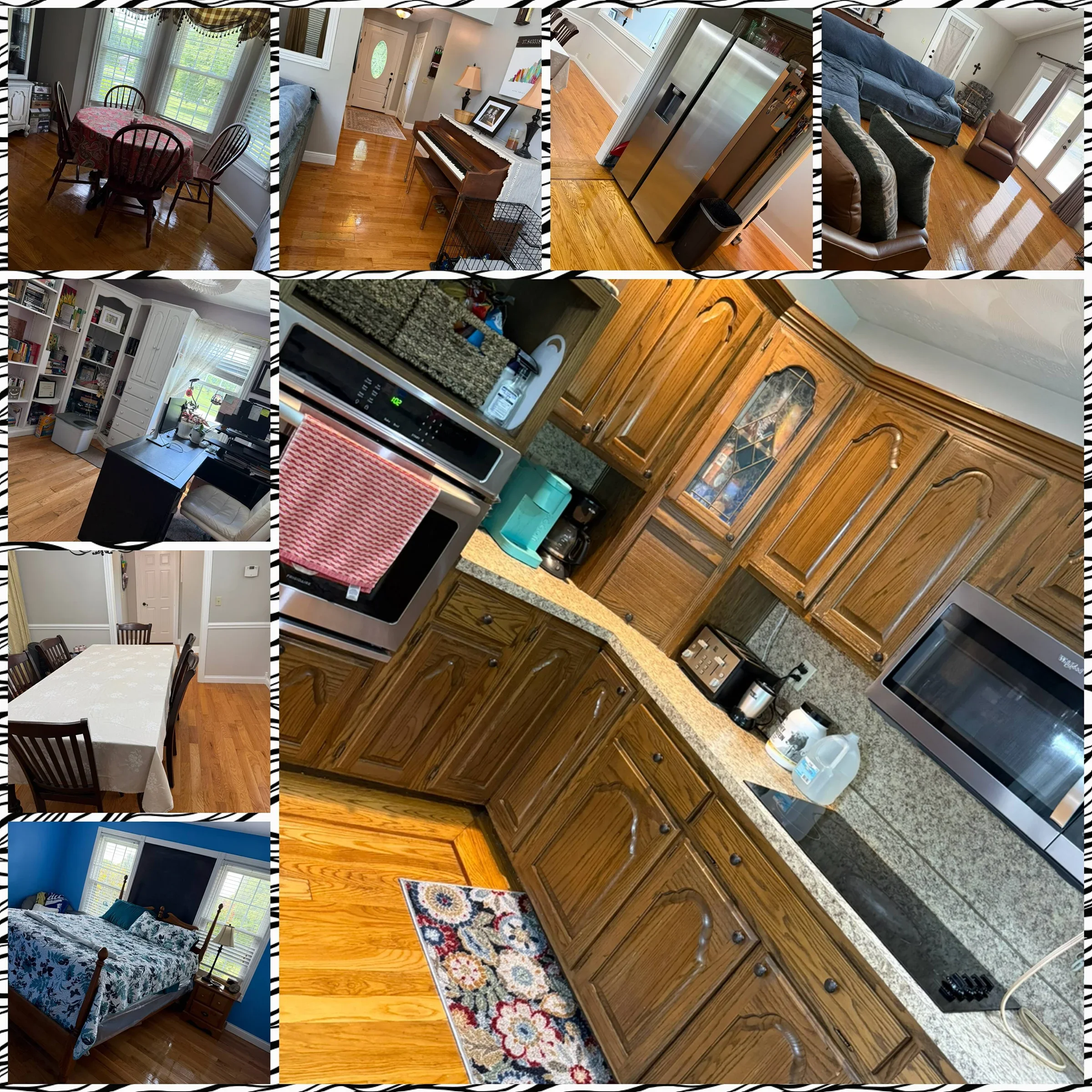 Collage of indoor home scenes including a dining area with a table and chairs, a living room with sofas and a balcony, a kitchen with wooden cabinets and appliances, and a bedroom with a bed and bookshelf.