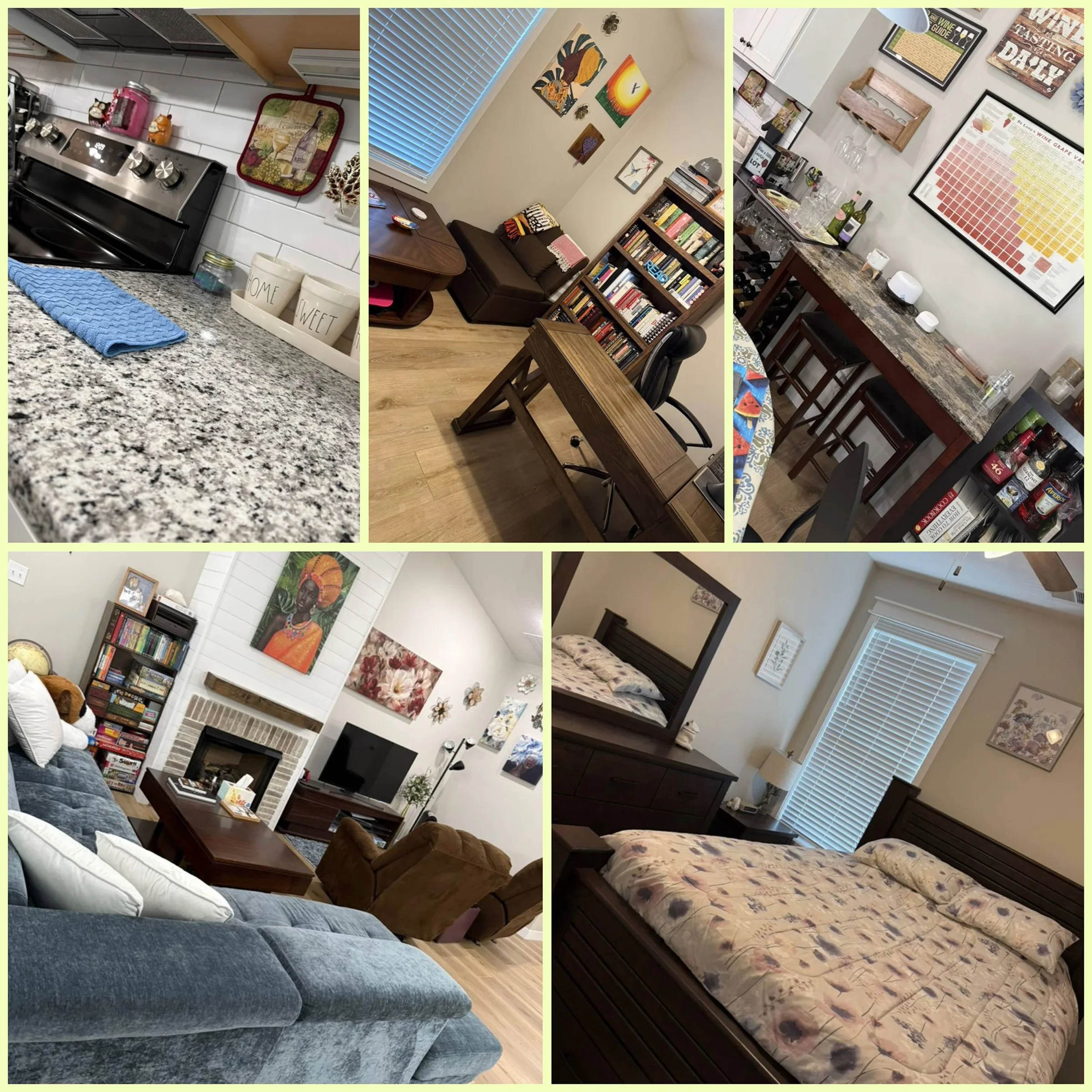 Collage of five photos showcasing different rooms in a house: a kitchen with a granite countertop and decorative items, a dining room with bookshelves and wall art, a living room with a fireplace and bookshelves, a bedroom with a bed and window, and 
