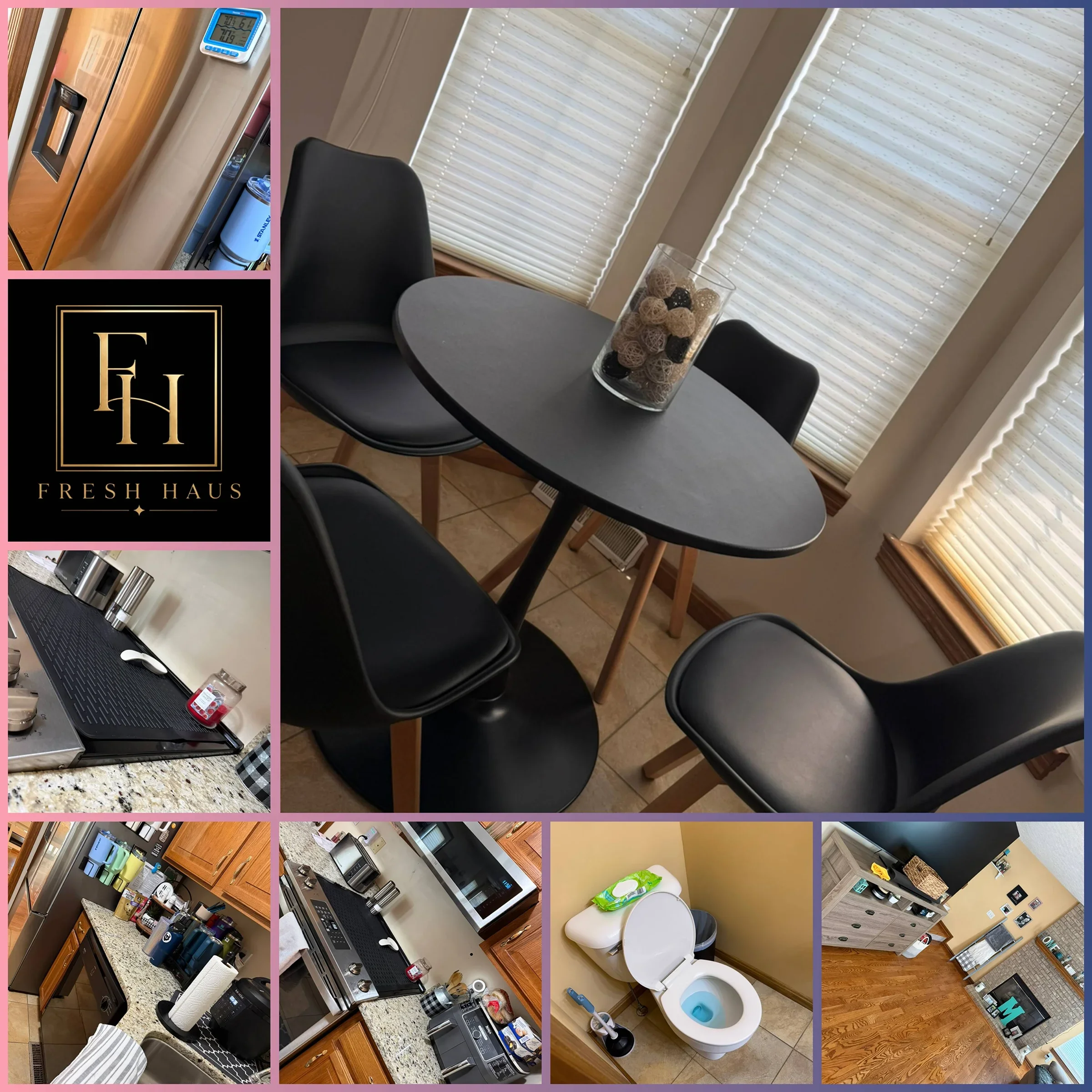 Collage of various household scenes including a kitchen with appliances, a bathroom with a toilet, a dining area, and a living space with shelves and decor.