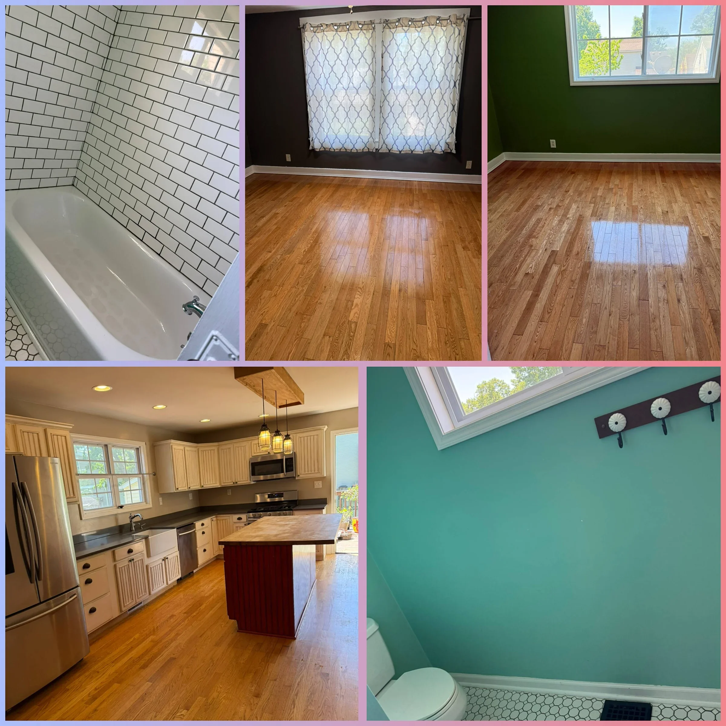 Left side shows a bathroom with white subway tile walls and a bathtub. Center displays a kitchen with wooden cabinets, stainless steel appliances, a small kitchen island, and large windows. Right side reveals a bathroom with a window, green wall, and