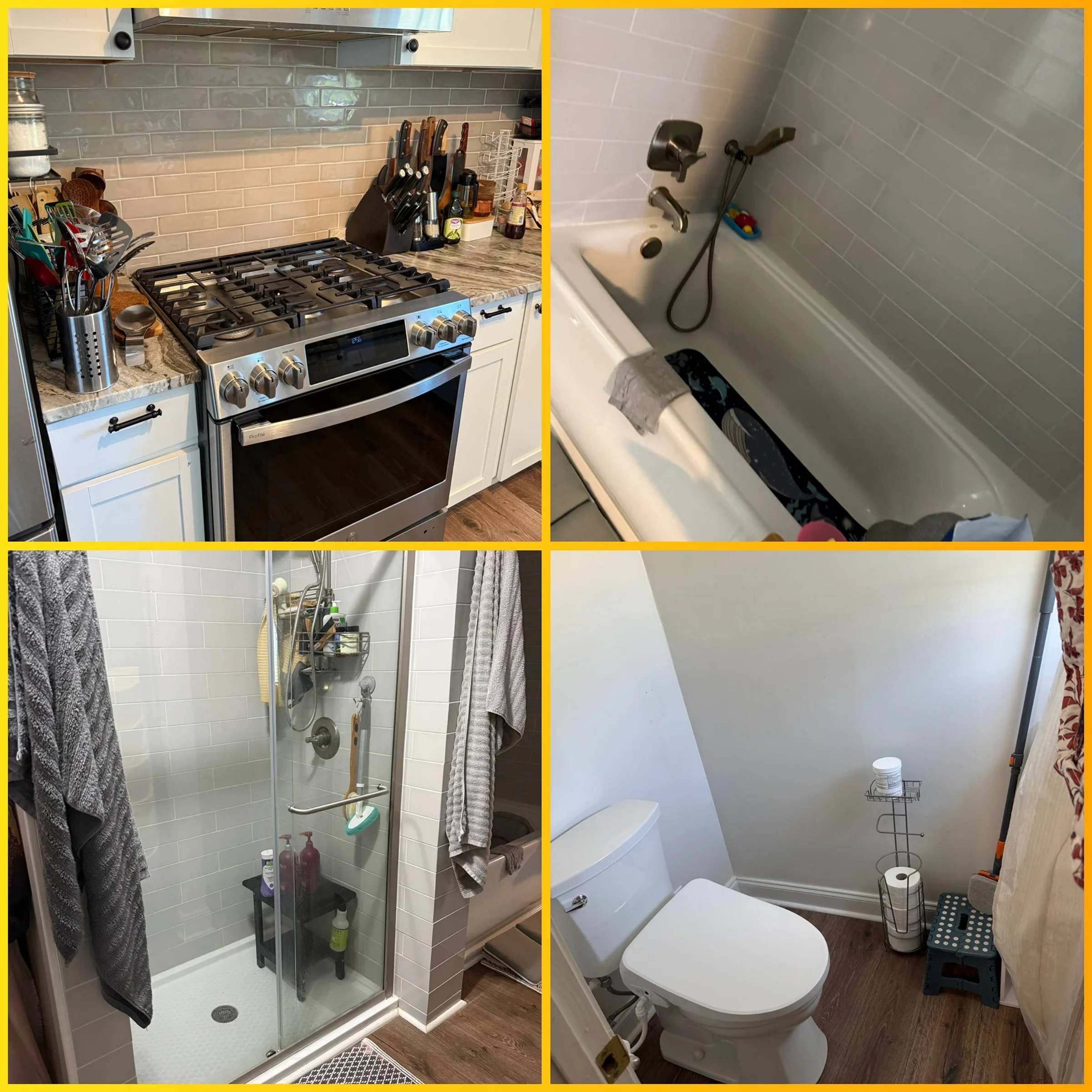 A bathroom split into four sections, showing a shower area in the bottom left, a toilet in the bottom right, a kitchen stove in the top left, and a bathtub in the top right.