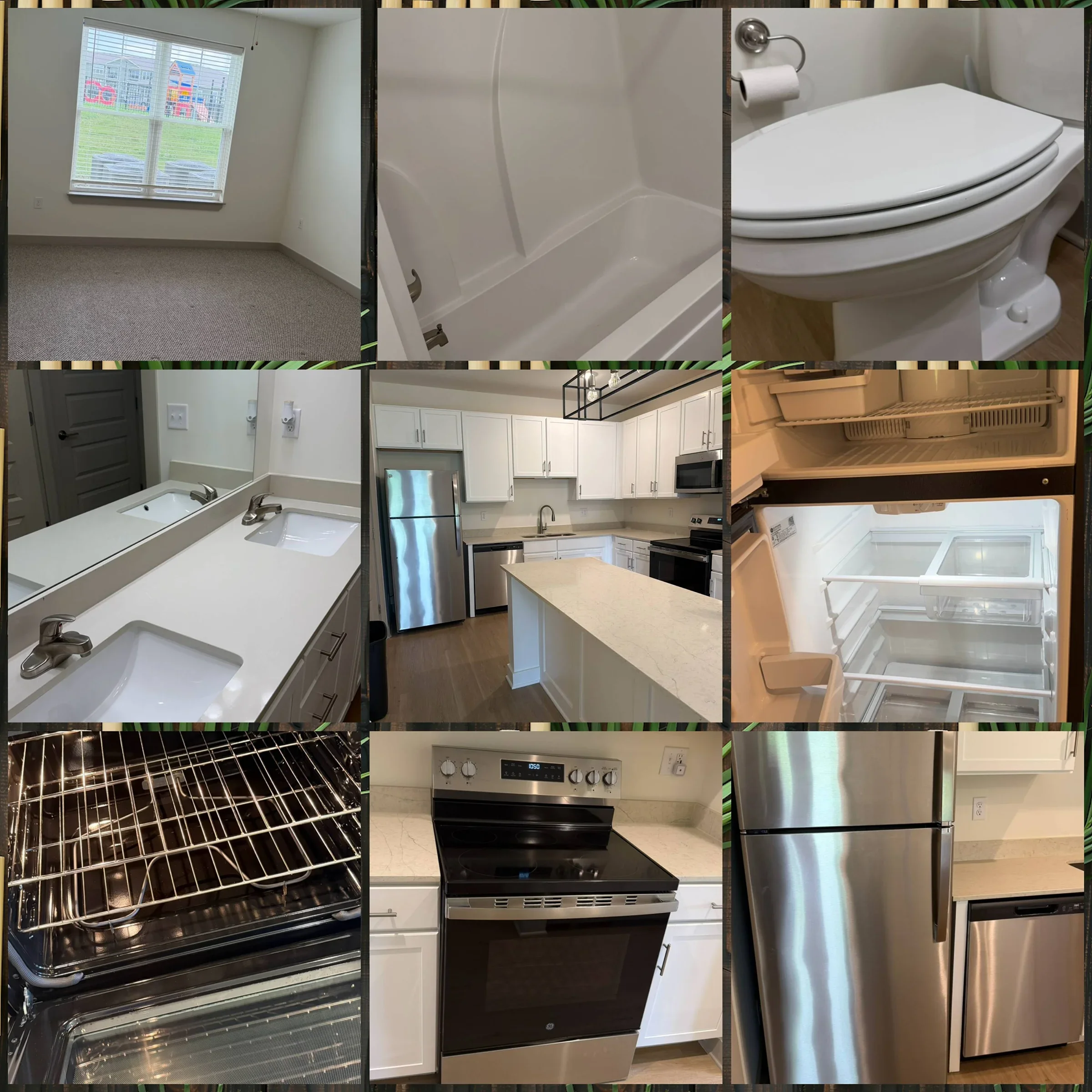 Collage of kitchen appliances including a double oven, stainless steel refrigerator, microwave, and an empty kitchen with white cabinets and a kitchen island.