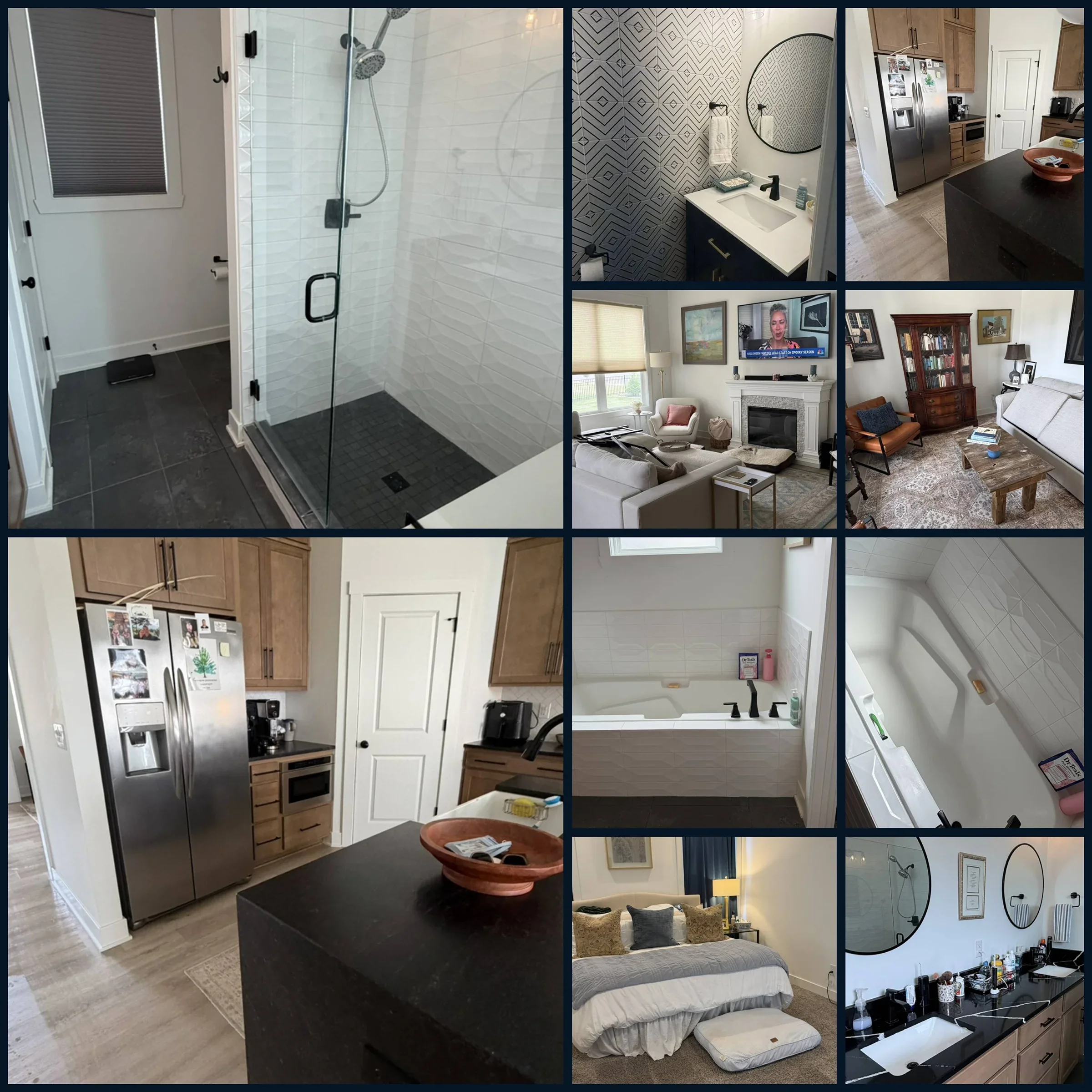 A collage of different rooms in a house, including a bathroom with a shower, a vanity with a round mirror, a kitchen with a refrigerator, living rooms with couches and a fireplace, and bedrooms with beds and decor.