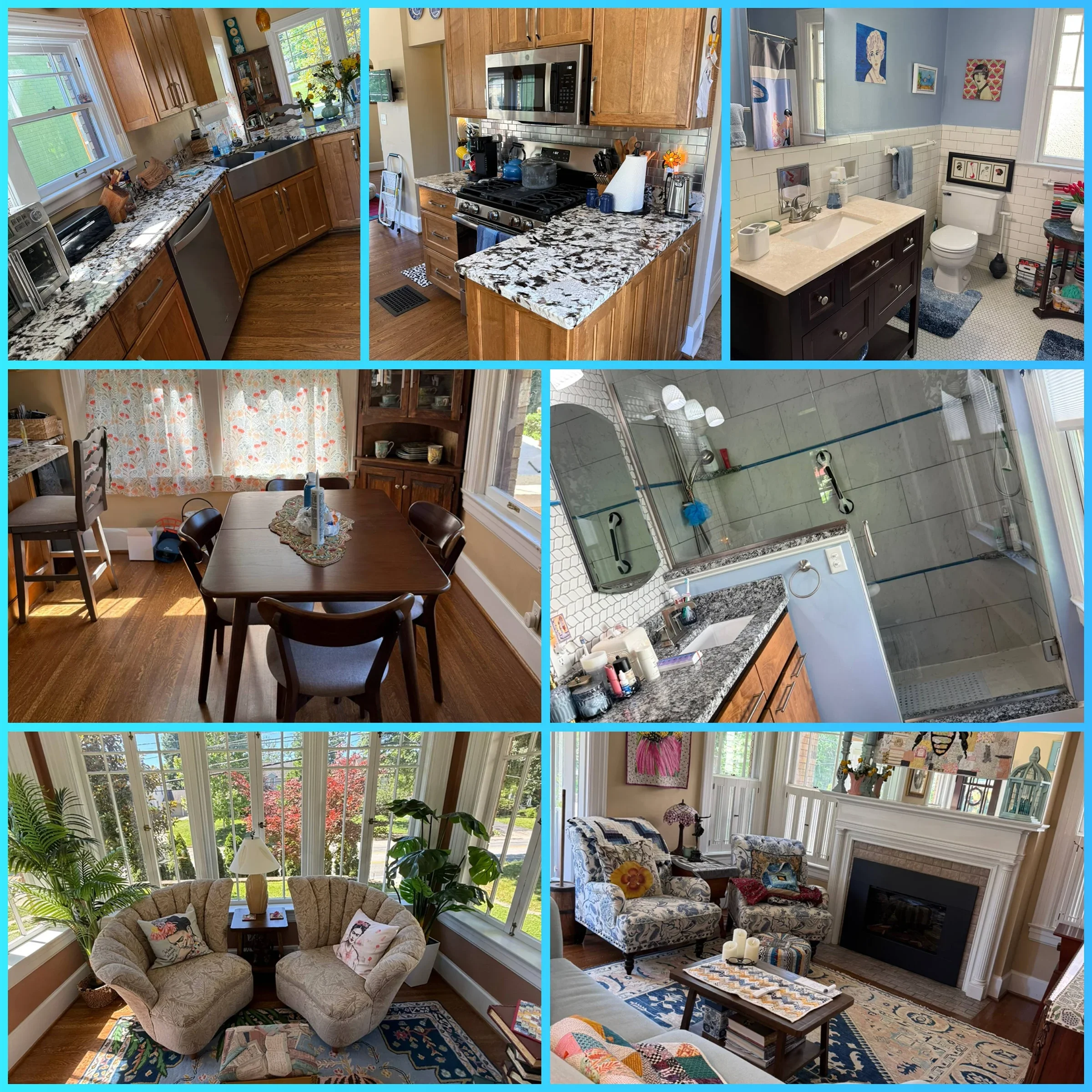 Collage of four images showing interior rooms of a house, including a kitchen with granite countertops and wooden cabinets, a dining room with large windows and a round table, a bathroom with a light blue wall and white tiled accents, and a living ro