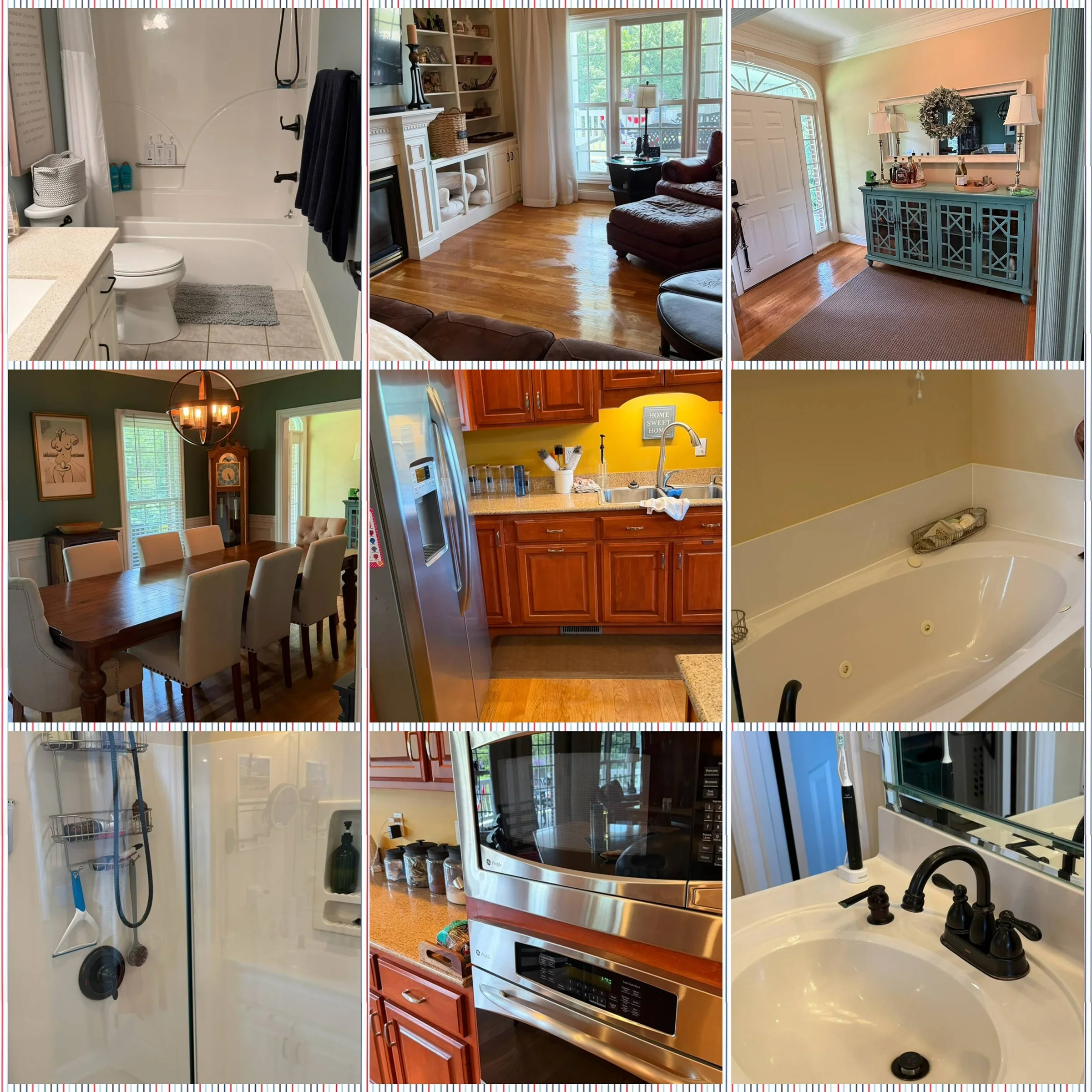 Collage of home interior shots including a bathroom with a toilet and shower, a living room with a window and seating, a dining room with a table and chairs, a kitchen with wooden cabinets and appliances, and a laundry or utility area with a sink and