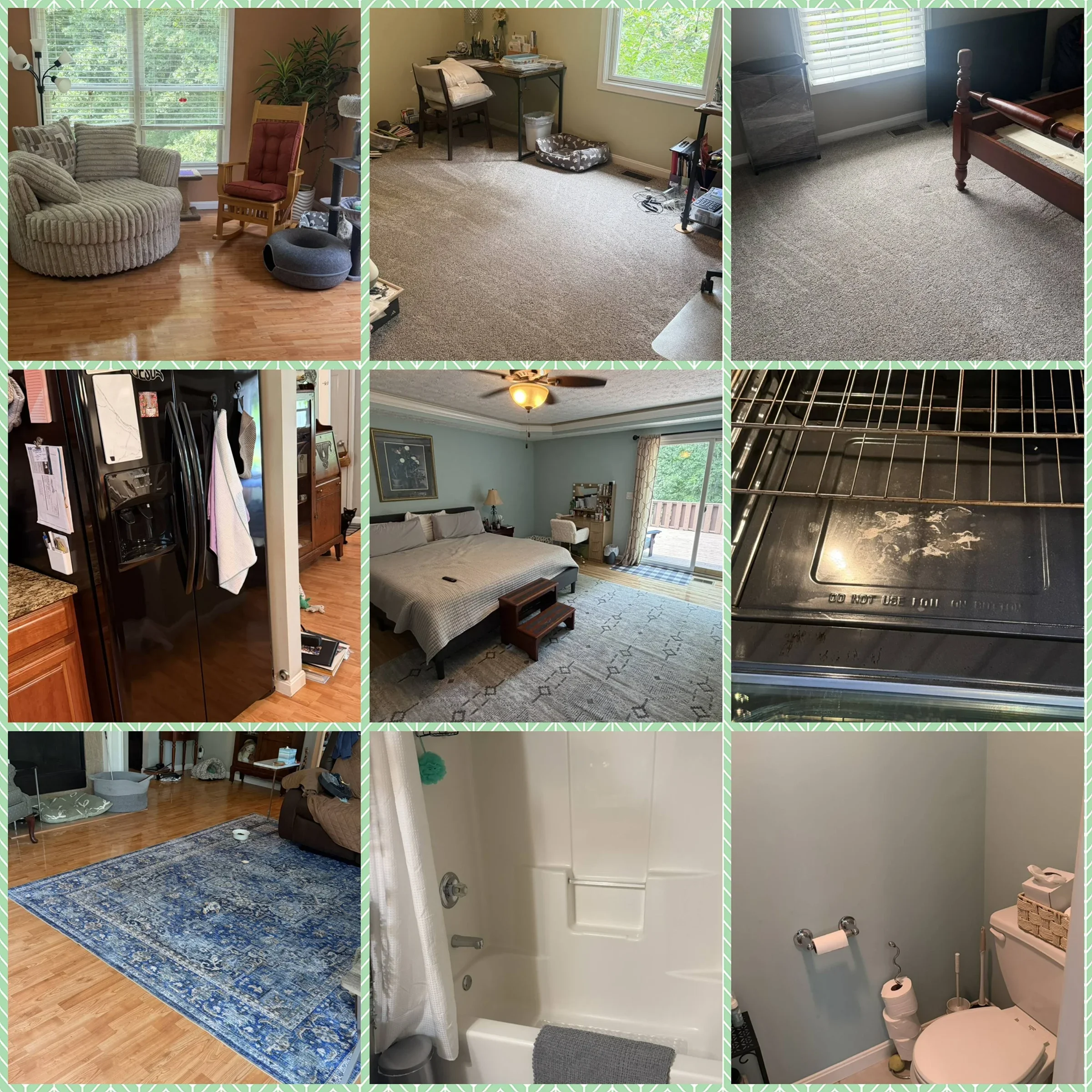 A collage of nine photos showing various rooms and areas inside a house. The first photo shows a living room with a sofa, armchair, and window. The second features a home office with a desk and window. The third displays a corner with a window and fu