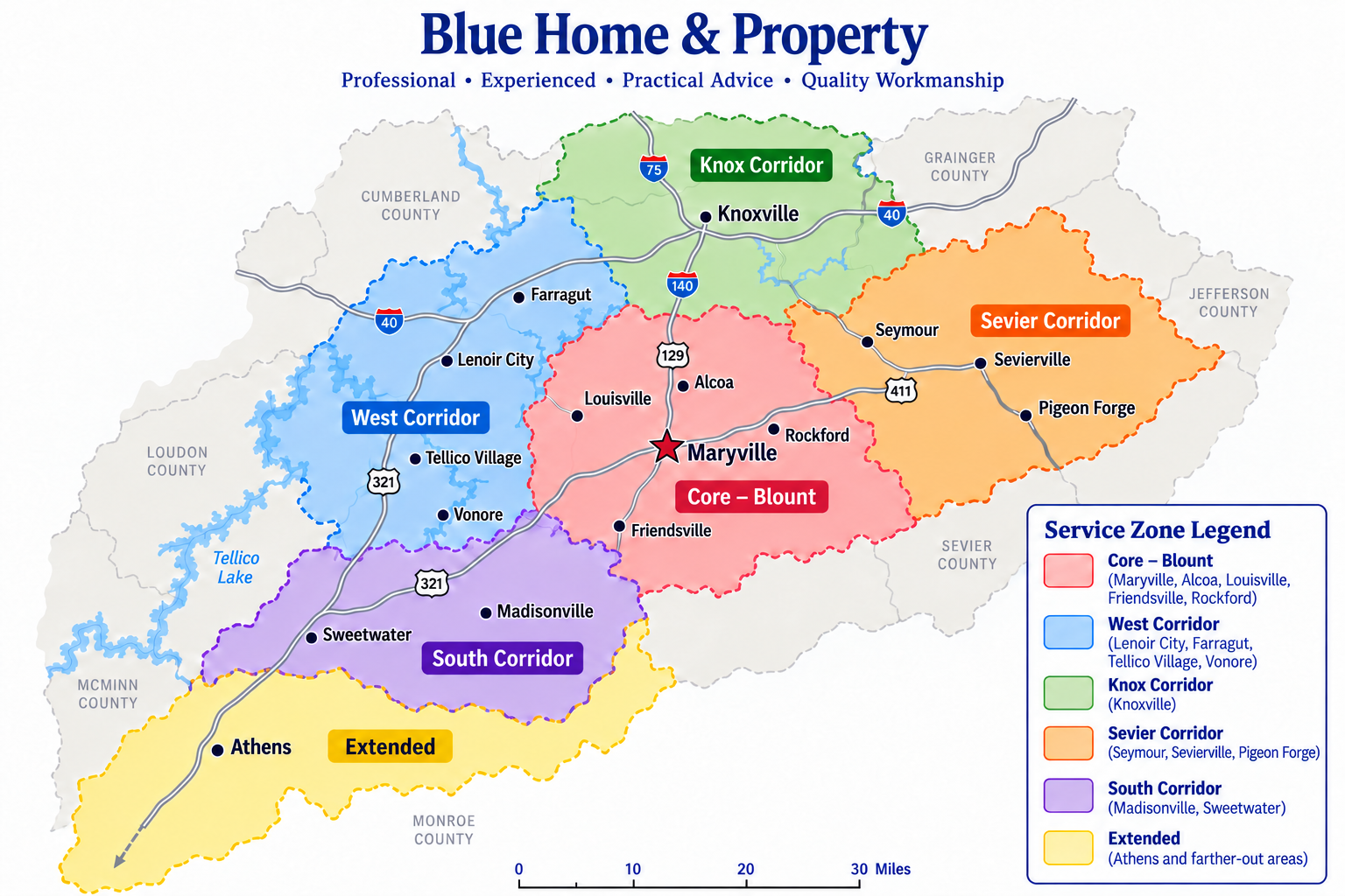 Blue Home & Property East Tennessee service-area map centered on Maryville and Blount County, showing service corridors across surrounding counties.