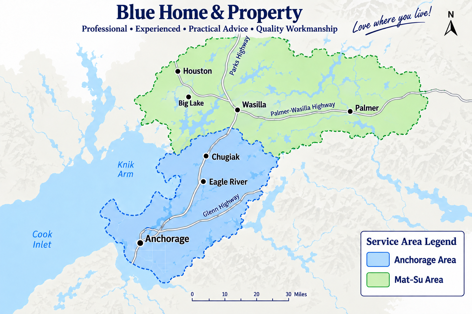 Blue Home & Property service-area map showing Anchorage and the Matanuska-Susitna Borough, including Eagle River, Chugiak, Palmer, Wasilla, Houston, and Big Lake.