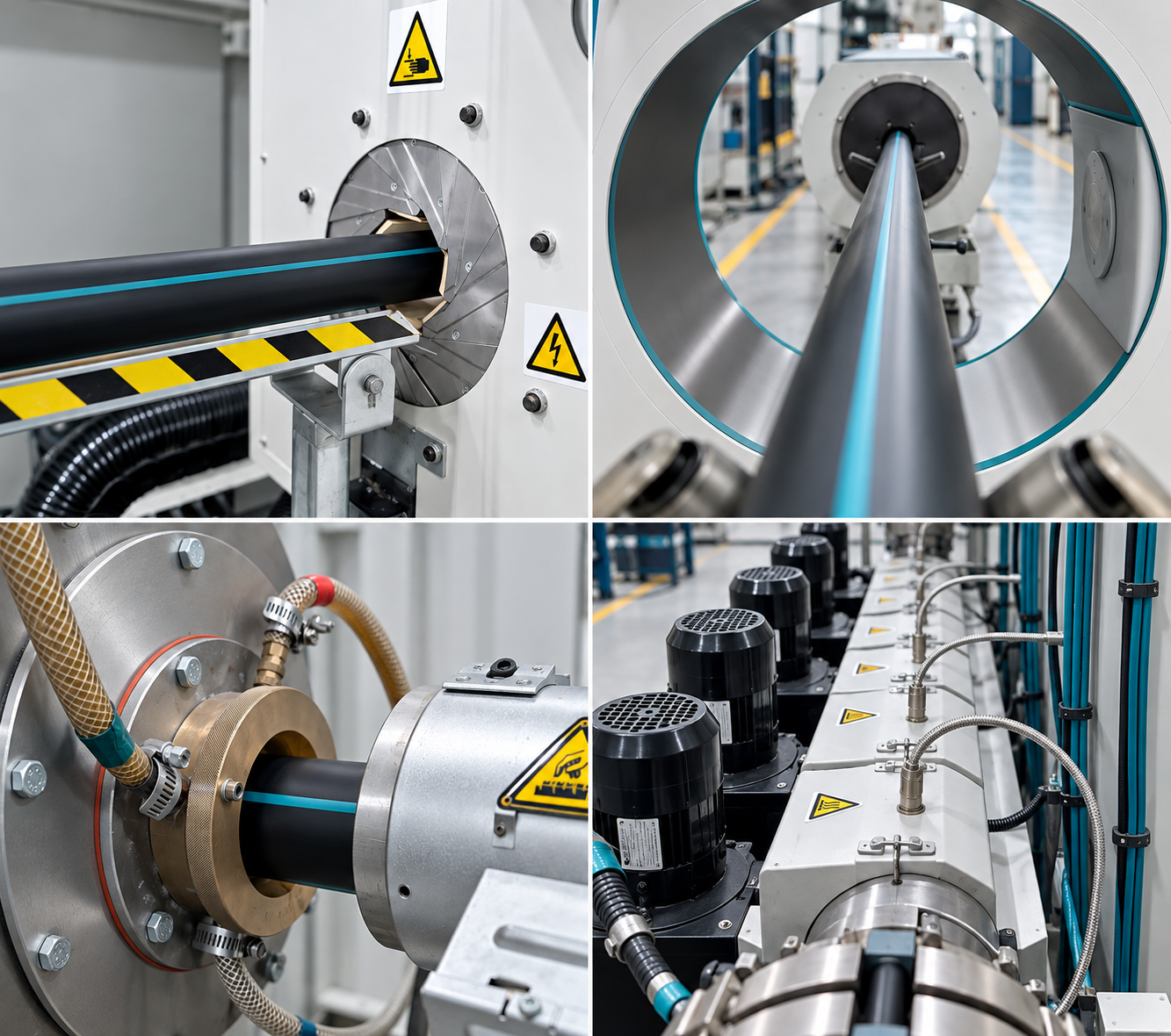 Close-up views of machinery and equipment used in manufacturing or industrial processes, including pipes, valves, conveyor systems, and control units.