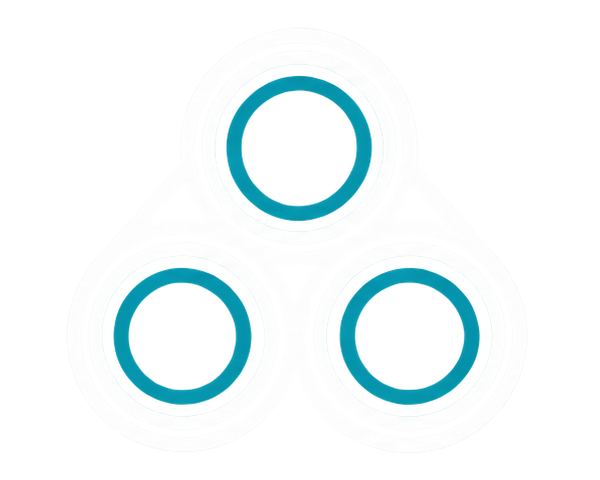 Close-up of three fidget spinning tops with teal and blue colors.