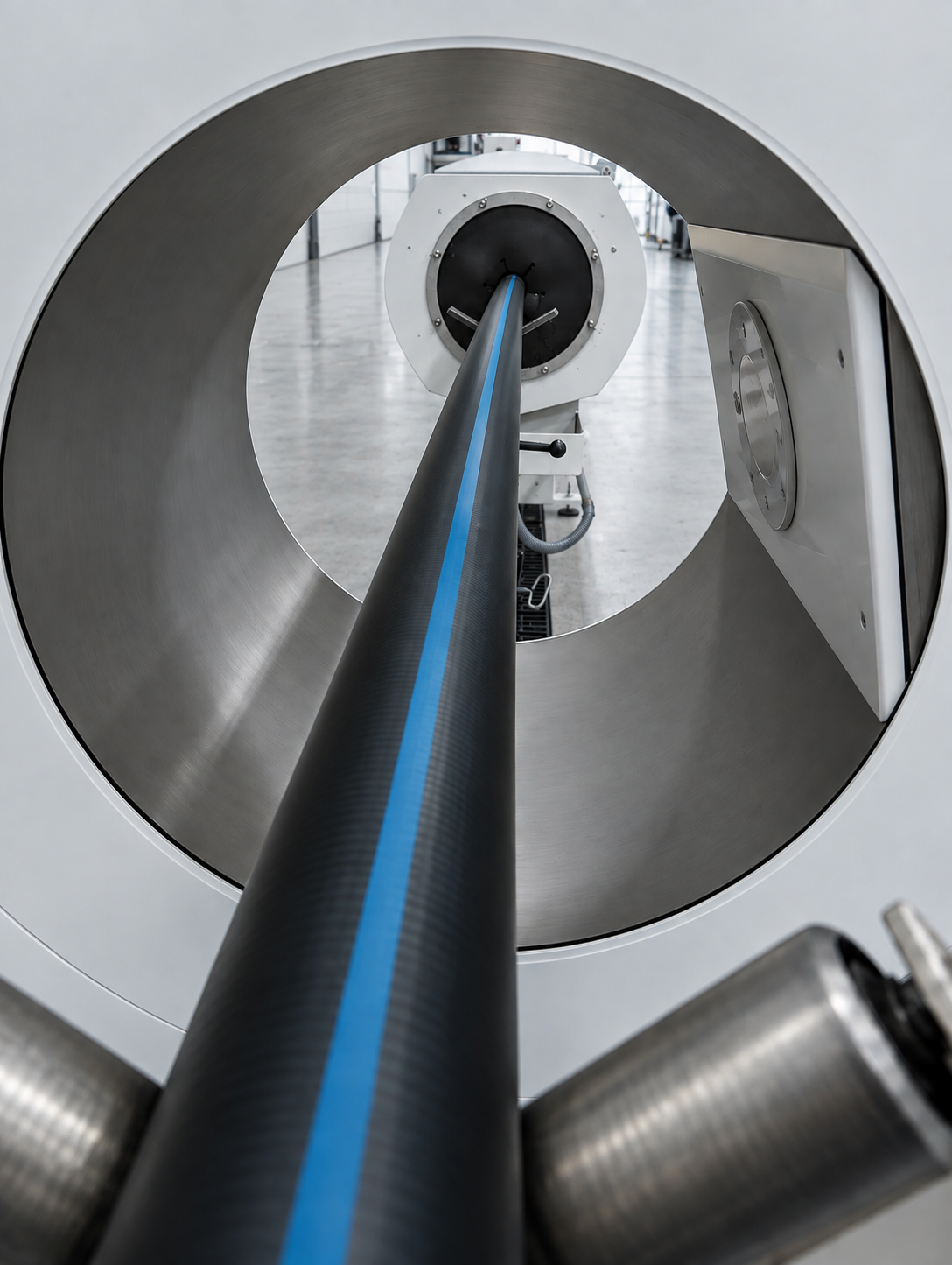 Inside a scientific tube or particle accelerator, showing a black cylinder with a blue stripe running through its center, positioned within a large metallic circular structure.