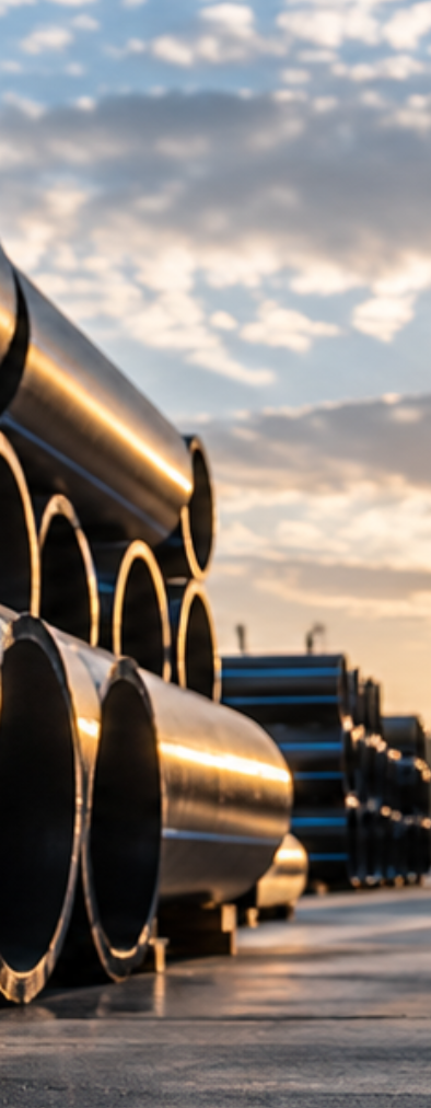 Multiple large metal pipes stacked outdoors at sunset sky in the background