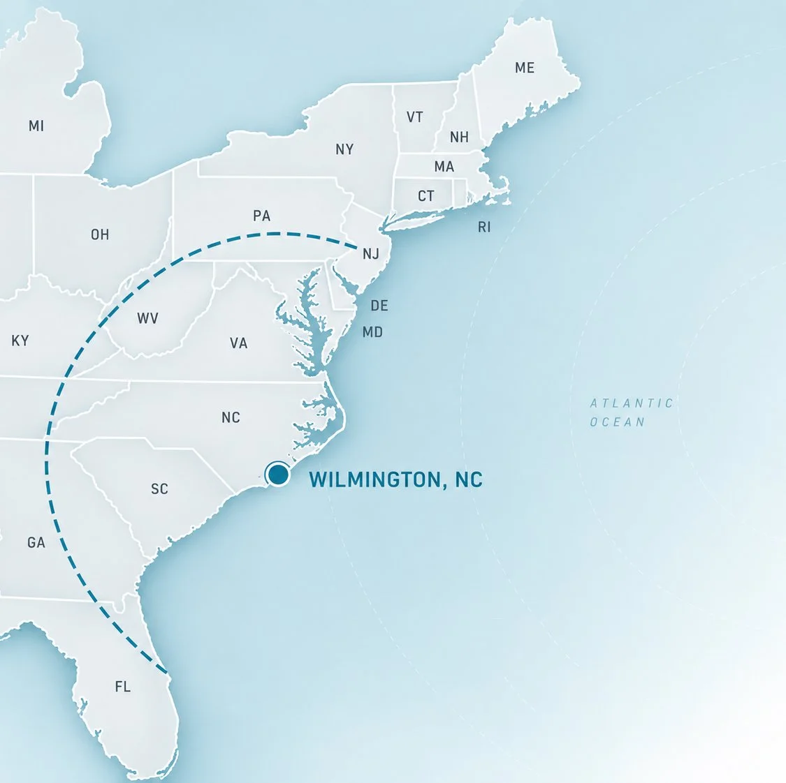 Map showing a route from Wilmington, North Carolina, to the northeast across various states to Rhode Island, highlighting the eastern U.S. coastline.