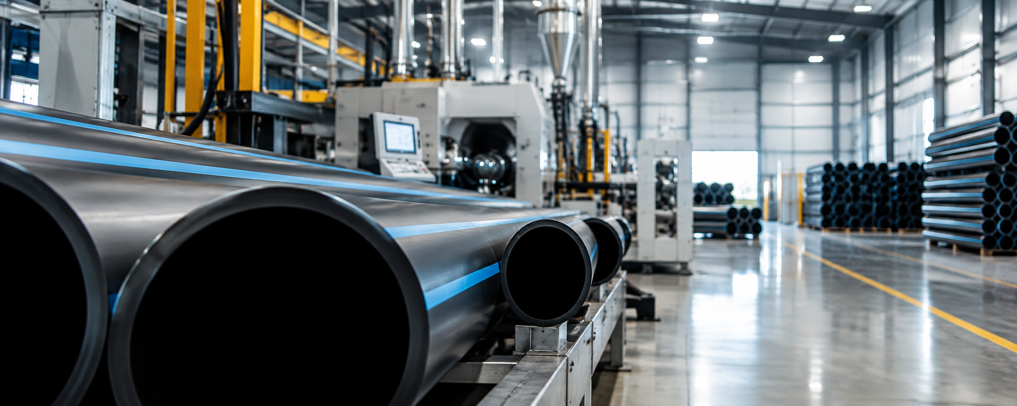 Industrial factory interior with large metal pipes on a conveyor system, machinery, and stacks of black pipes in the background.