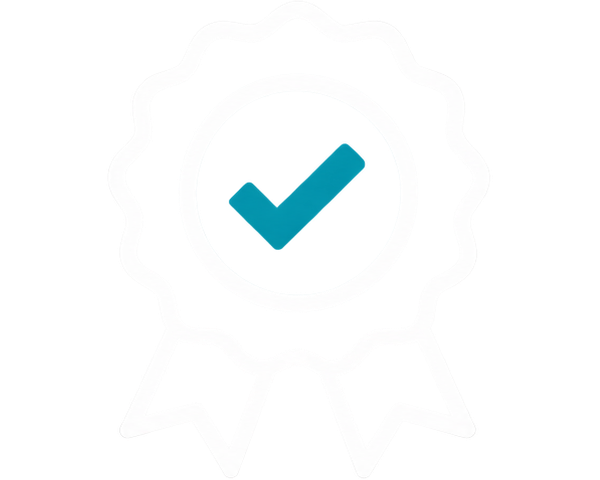 Blue checkmark badge with a white outline and two ribbon tails.