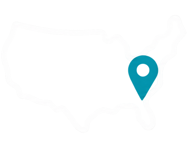 Outline of the United States map with a location marker in the eastern part of the country.