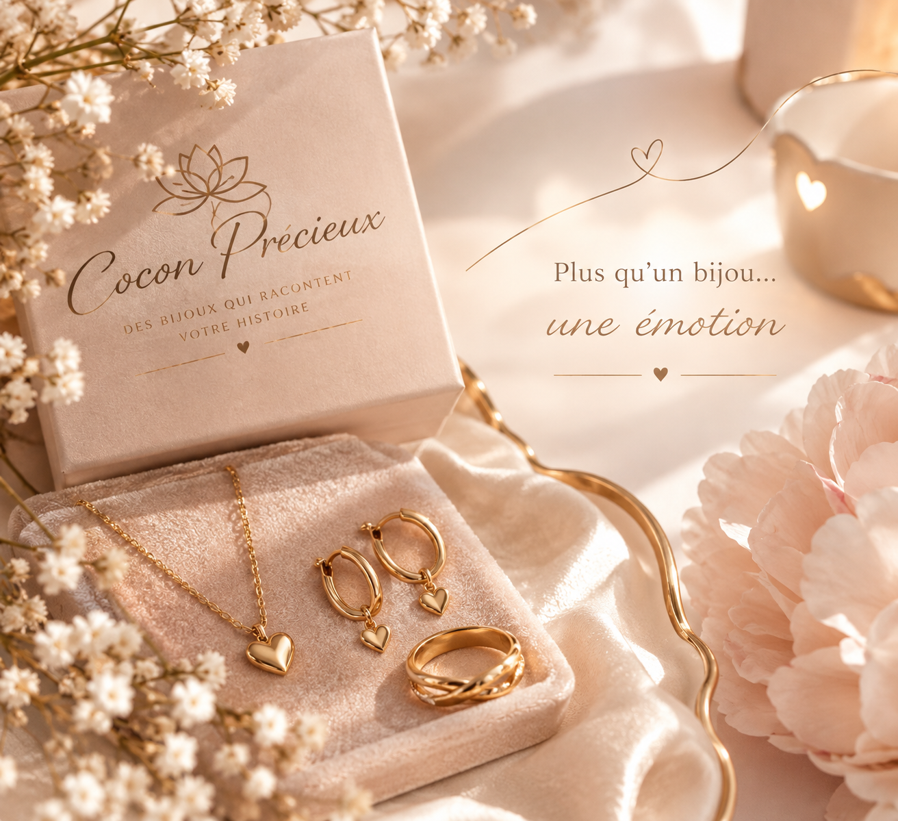 Une boîte de bijoux en or avec un collier, des boucles d'oreilles et une bague, entourés de fleurs blanches et roses, avec un fond lumineux et des éléments dorés.
