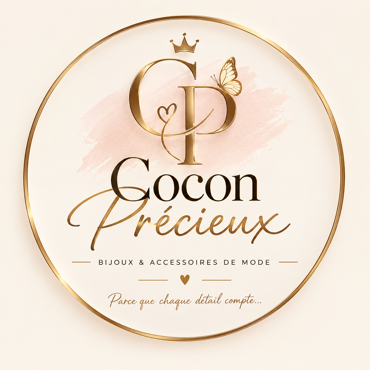 Logo rond orné de lettres dorées 'C' et 'P' avec une couronne, une plume et un papillon, texte 'Cocon Précieux', sous-titre 'Bijoux & Accessoires de Mode', slogan 'Parce que chaque détail compte...' sur un fond clair avec une touche de rose pastel.
