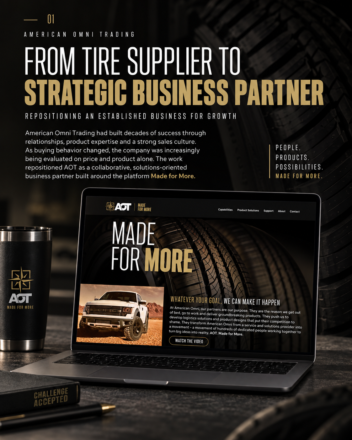 American Omni Trading case example showing the Made for More website and brand repositioning from tire supplier to strategic business partner.