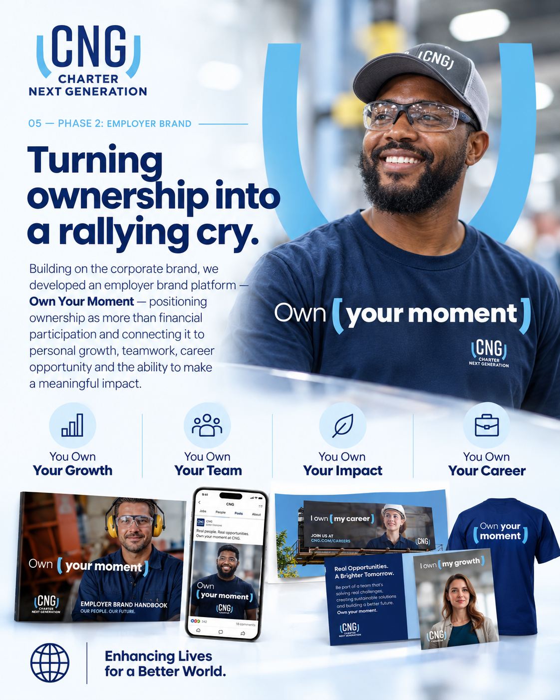 CNG employer brand case example featuring the Own Your Moment platform, employee ownership pillars and recruiting campaign materials.
