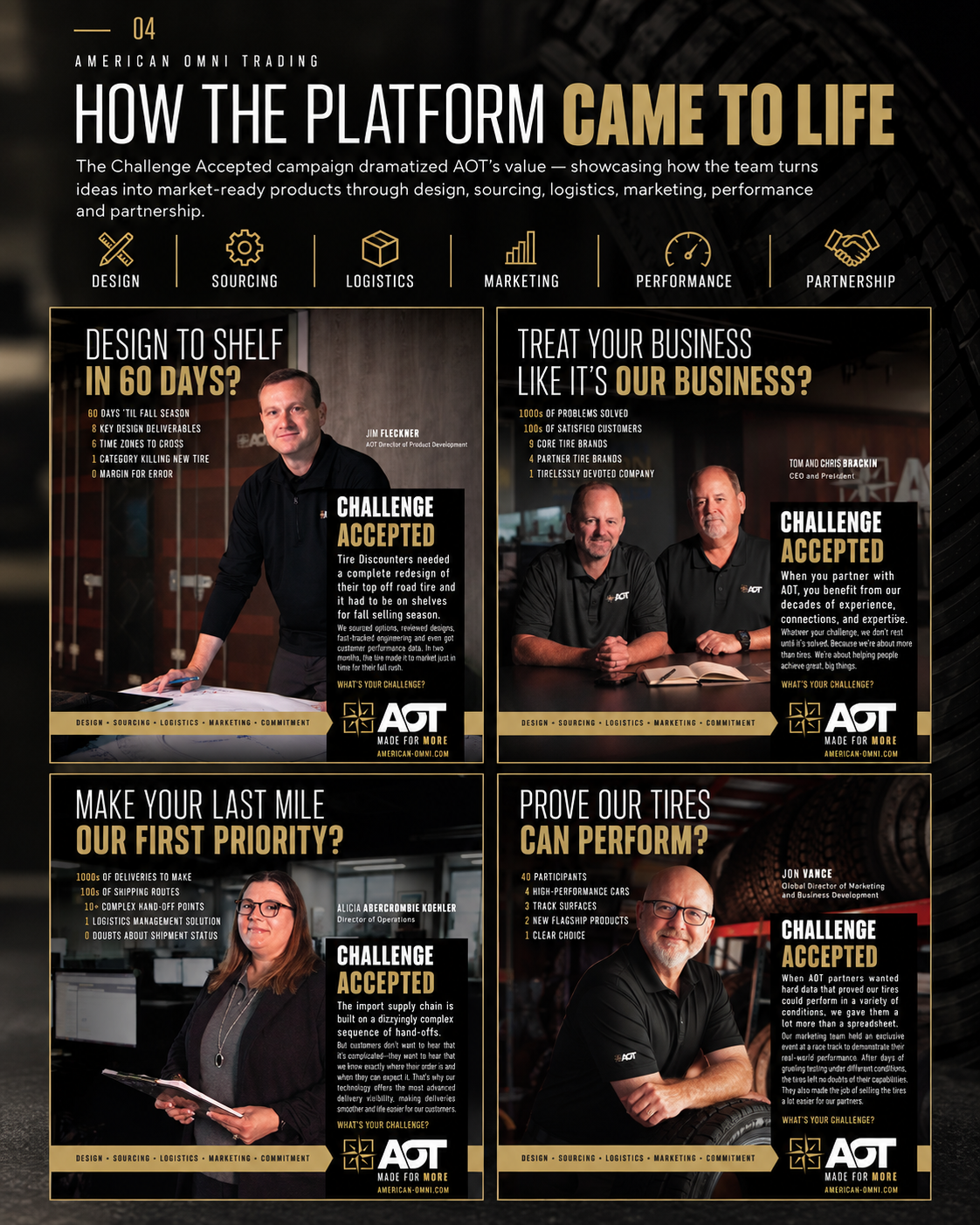 American Omni Trading Challenge Accepted campaign showing print advertising focused on design, sourcing, logistics, marketing, performance and partnership.