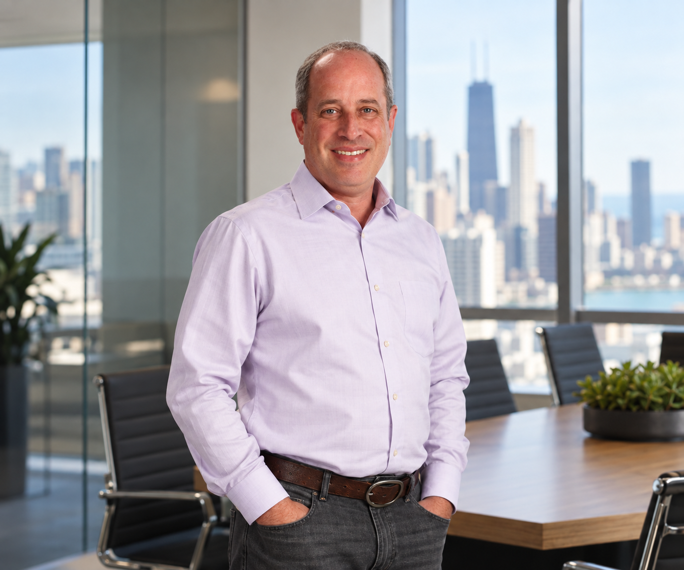 James Goldman in a light purple dress shirt standing in a modern office with city skyline view.