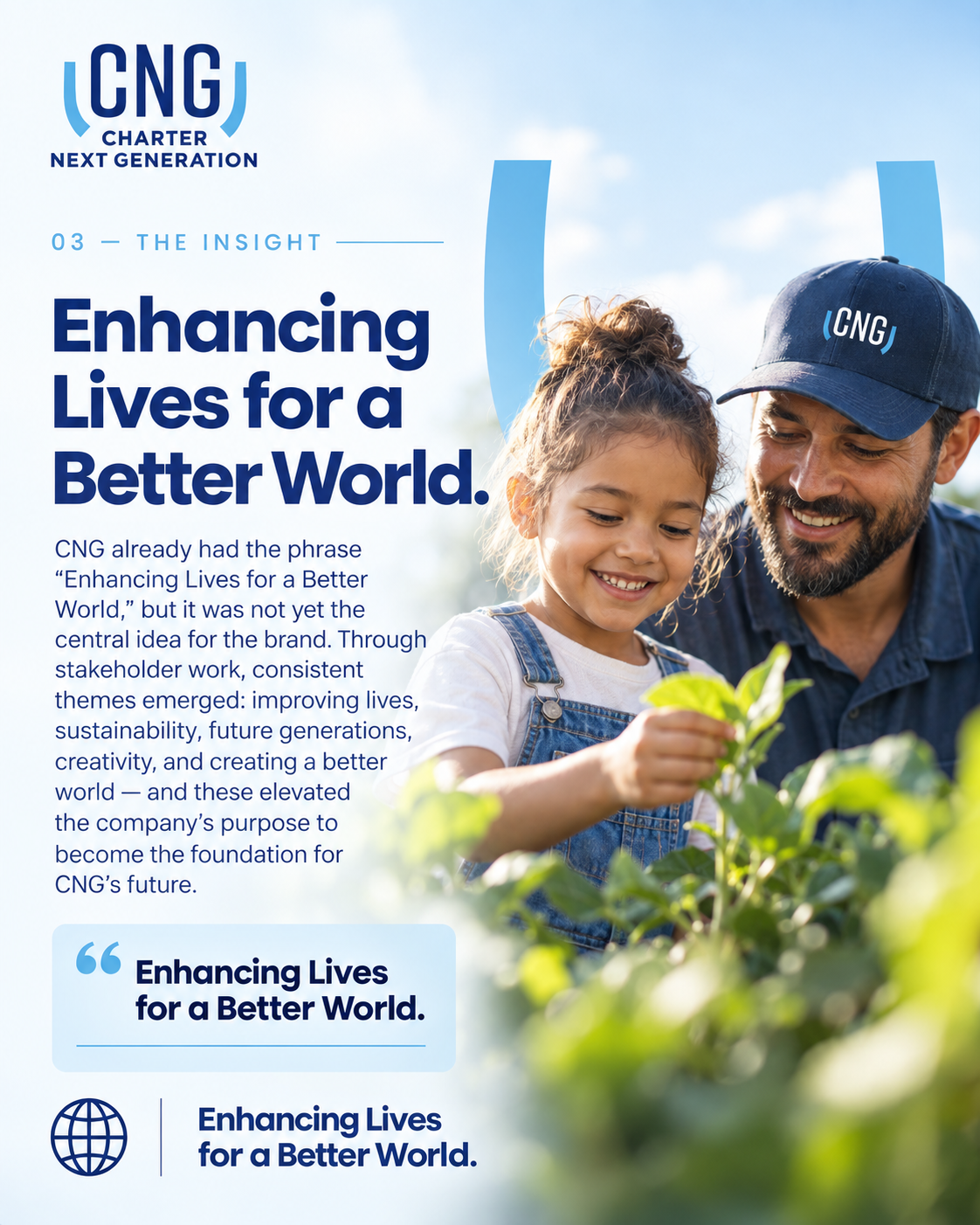 CNG case example featuring the Enhancing Lives for a Better World purpose that became the foundation for the company’s brand strategy.