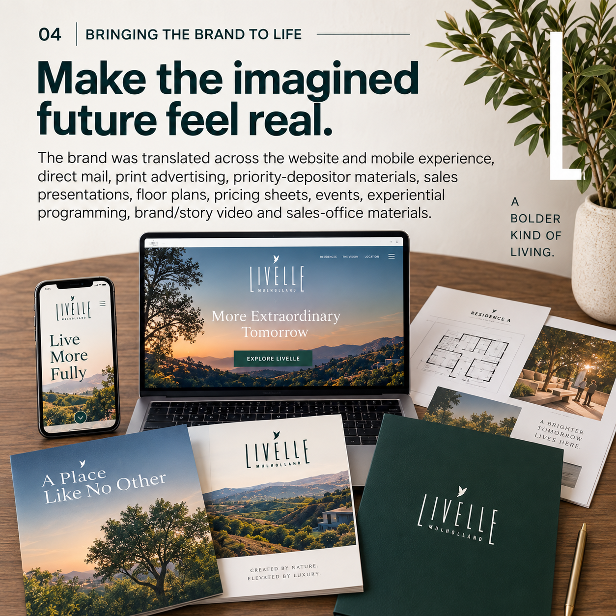Livelle Mulholland brand activation case example showing the website, mobile experience, sales materials, floor plans and marketing used to make the future community feel tangible.
